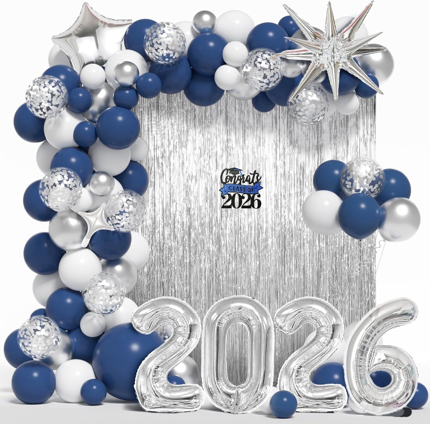 Graduation Balloon Garland Arch Kit for Graduation Decorations Class of 2026 - Navy Blue White and Silver Balloons Different Sizes 5 12 18 Inch Graduation Balloons Arch for Grad Party Supplies