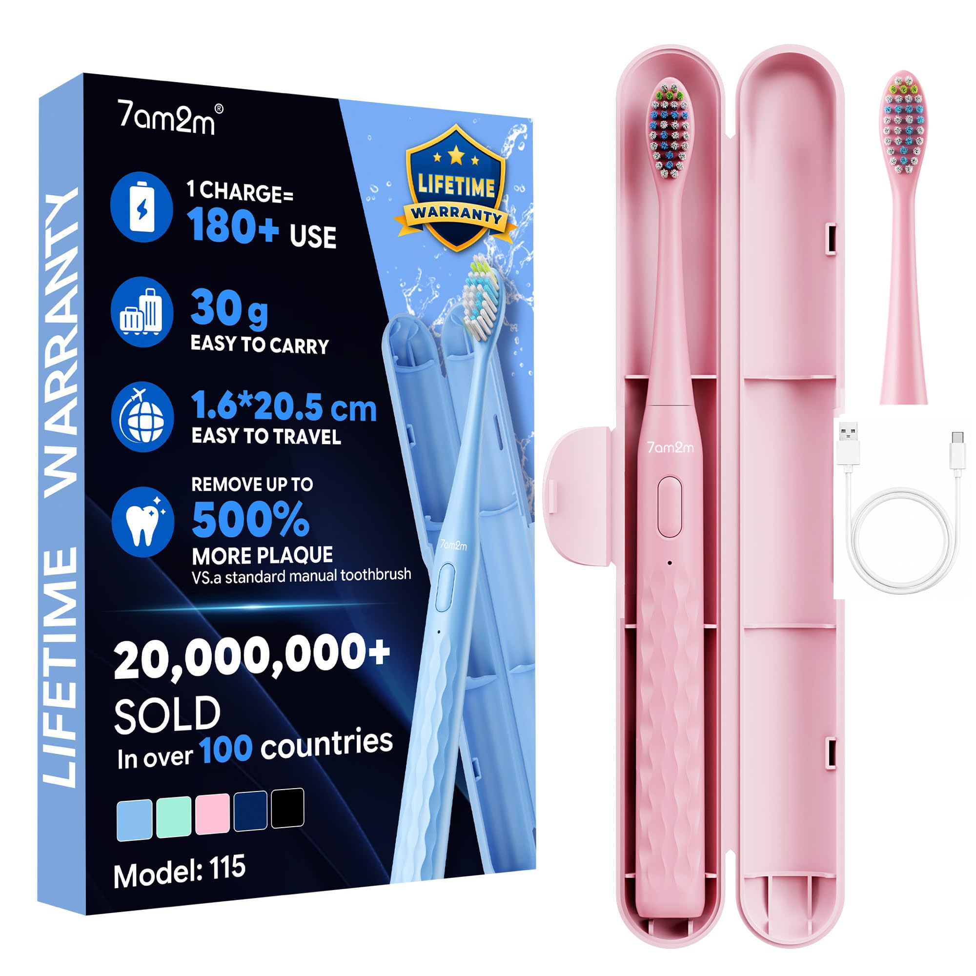 7AM2M Sonic Travel Electric Toothbrush for Adults&amp;Kids, Travel Case&amp;2 Brush Heads, 1 Charge for 90 Days, Type-C Rechargeable Sonic Toothbrush, Compact Design for Daily/Travel Use-Pink