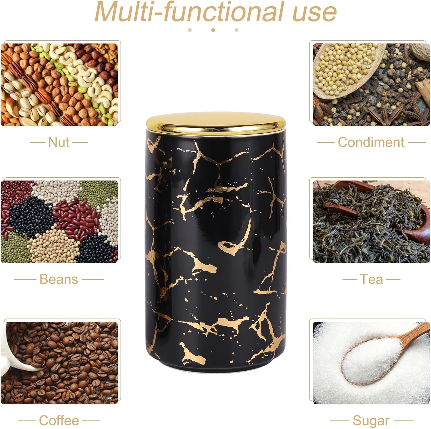 Ceramic Gold-Patterned Metal Canister Set for Kitchen Countertop - A Set of 3 Kitchen Canisters with Tiered Shelf, Airtight Countertop Flour and Sugar Containers, Coffee and Tea Storage (Black)