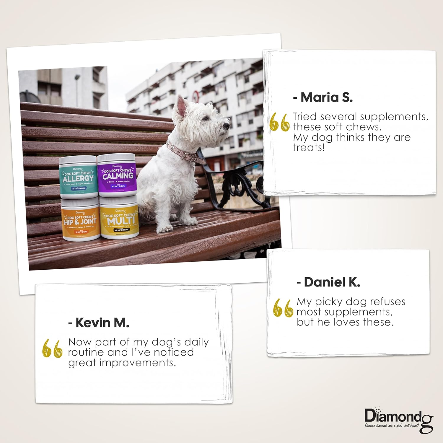 Diamondg Calming Chews for Dogs with L Theanine, 60ct – Calm and Confident Chews for Small and Large Dogs, Dog Gummies Supplements for Relief of Separation Anxiety, Composure, Fireworks, Grooming