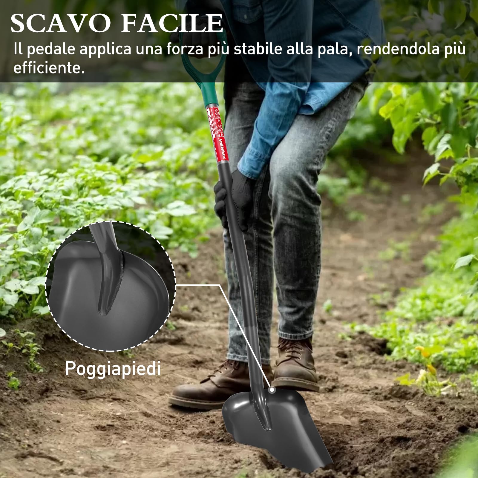 HYCHIKA Pala da Giardino Piazza, Vanga da Giardinaggi, Pala da Scavo, Acciaio Temprato di Alta Qualità, Manico Ergonomico Impugnatura a D, per Piante, Agricola, Diserbo, Spalatura Neve