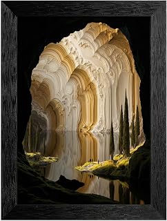 Framed Canvas Wall Art Surreal Fractal Geometry White Gold Carved Subterranean Lake Reflections Canvas Print Poster Black Frame Wall Decor for Living Room Office Modern 24x36 Inch