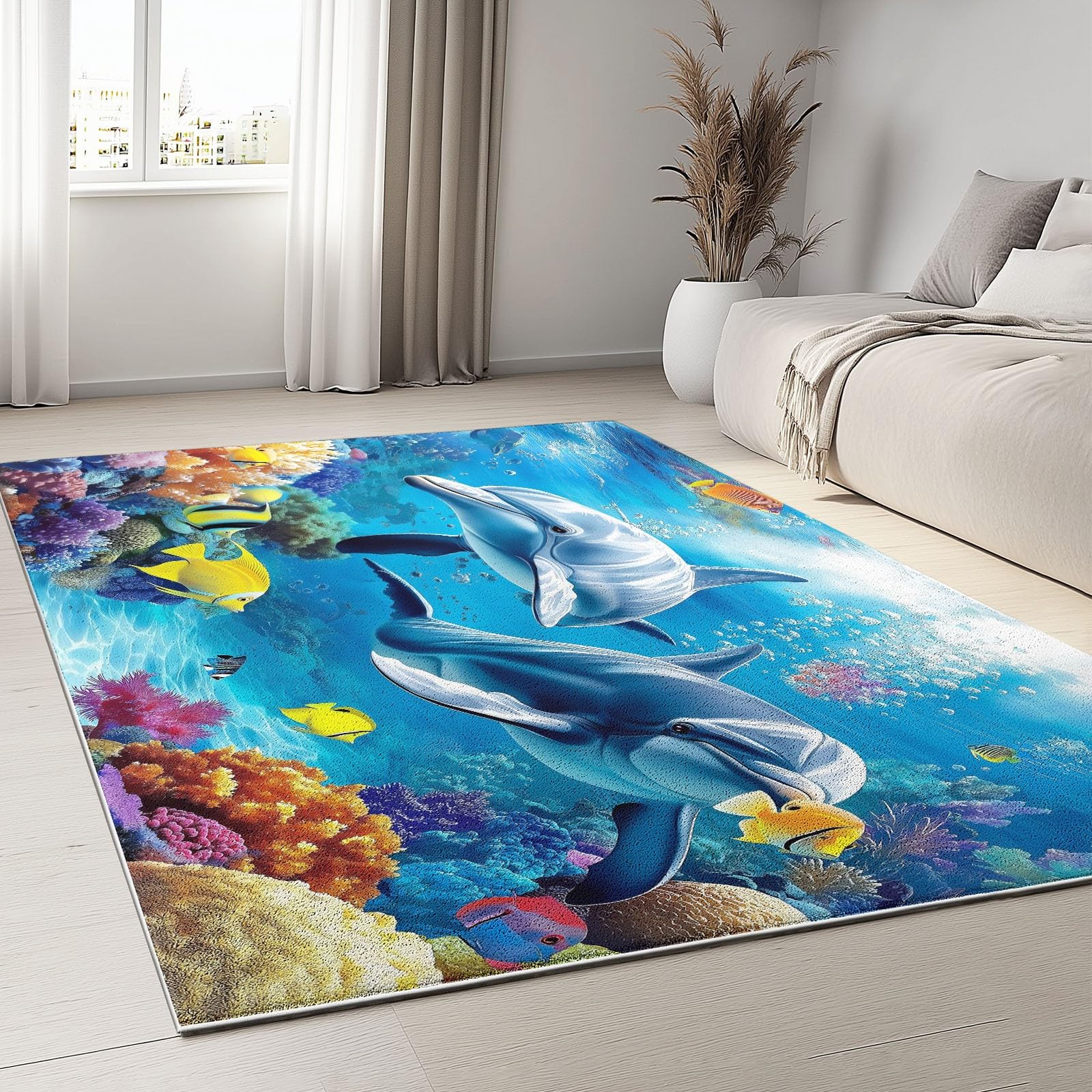 Tapis dauphins coraux poissons bleu pour illuminer le salon ou la cuisine