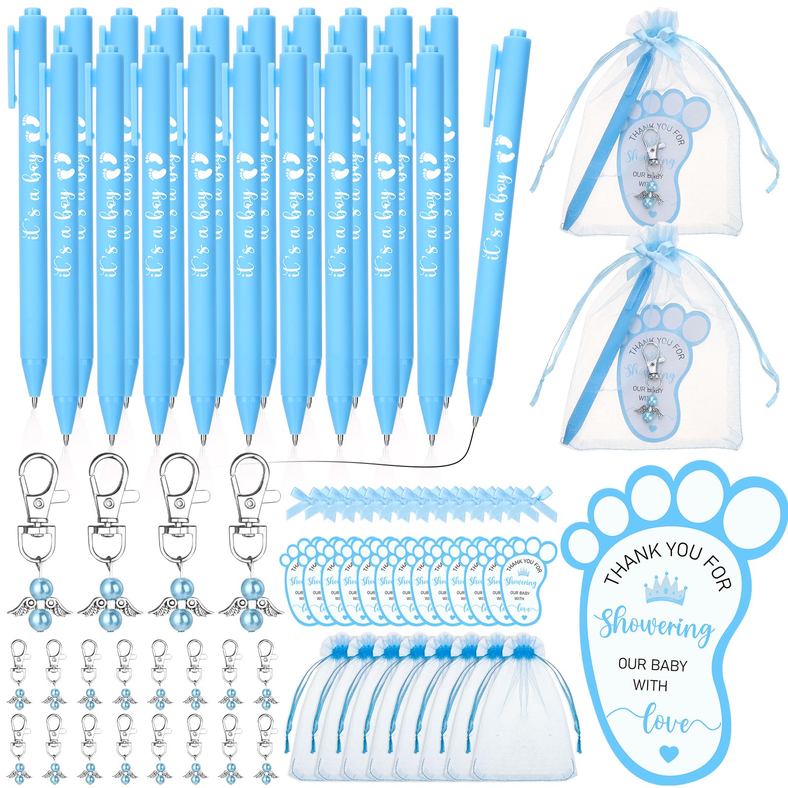 20 Sets Baby Shower Favours for Guests Includes Ballpoint Pens Angel Keychains Organza Bags Bows Thank You Cards, Baby Shower Return Gifts Thank You for Guests Gender Reveal Party Game Prizes (Blue)