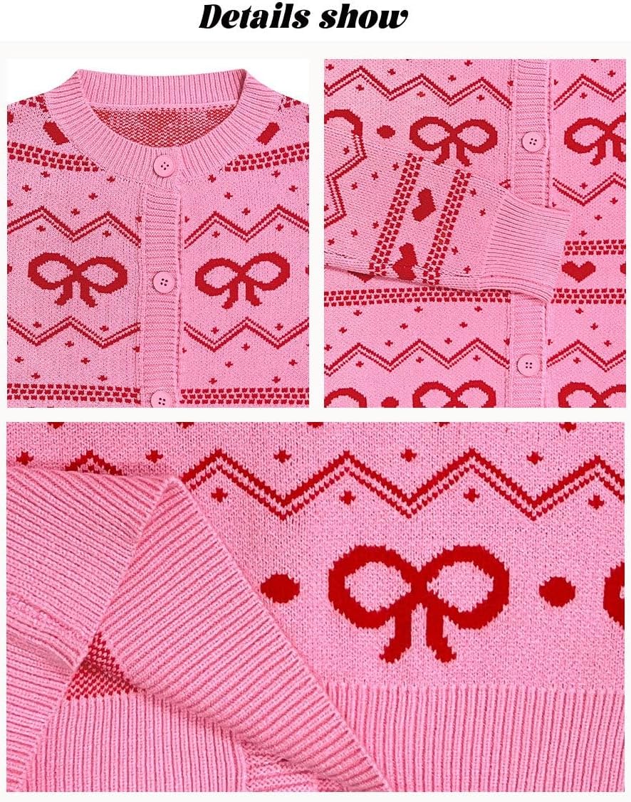 Valentine's Day Cardigan for Women Kawaii Cute Bow Heart Love Pattern Knitted Cropped Button Up Sweater Trendy Tops - Image 7