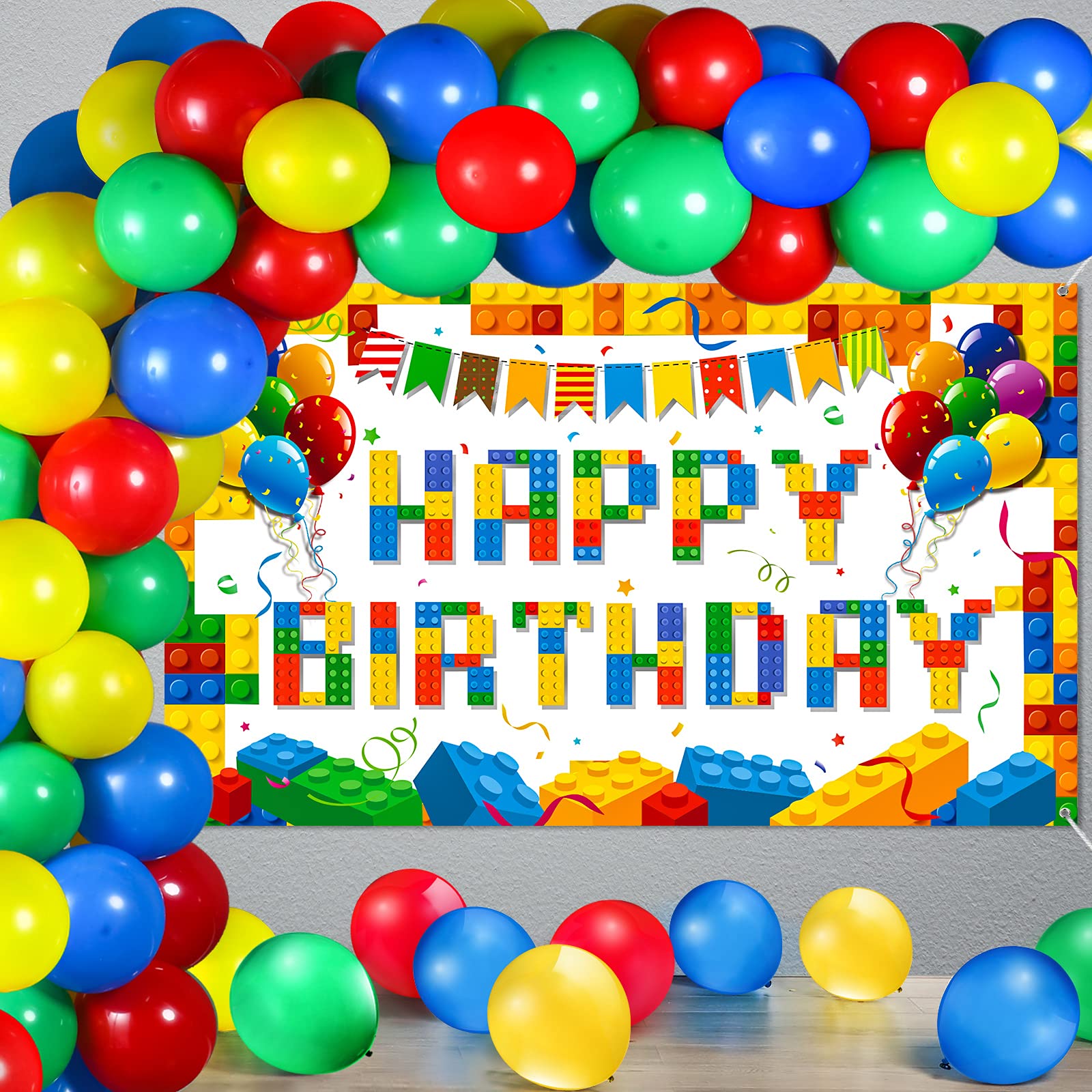 62 Pieces Building Blocks Birthday Backdrop Colorful Photography Birthday Backdrop Birthday Banner and Balloons Kit for Birthday Party Supplies Cake Table Photo Props