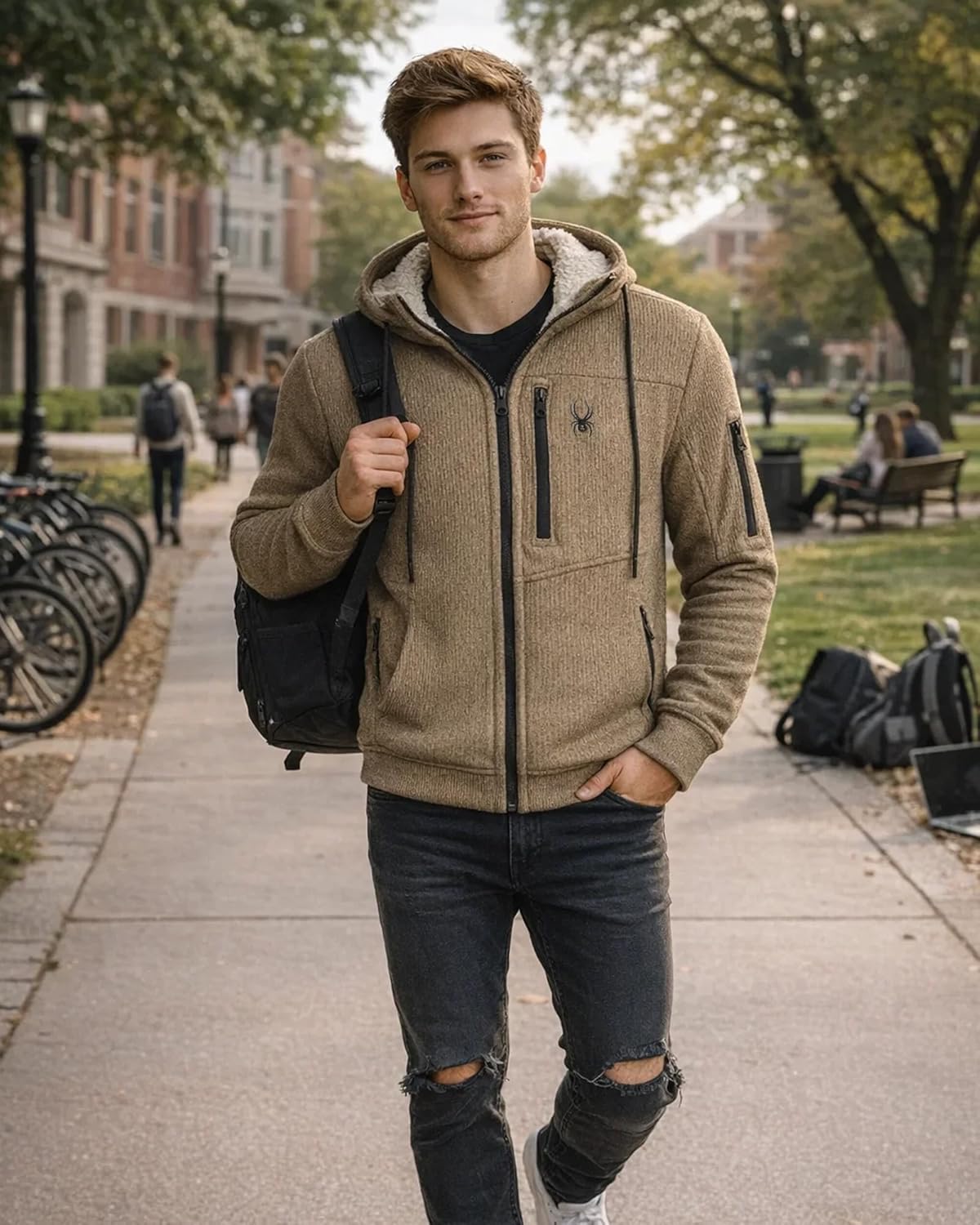 Spyder Mens Sherpa Fur Hoodie - Soft Stretch Waffle Knit Full Zip Up Hoodie Sweatshirt for Men with Cozy Sherpa Fleece Lining