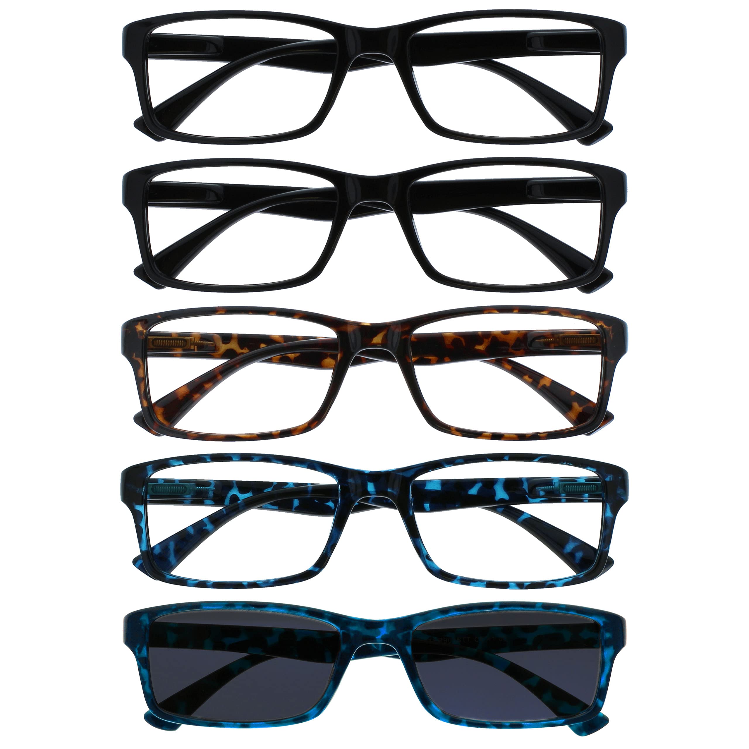 OPULIZE PEP Reading Glasses for Women Men, Large Rectangular Designer Frame with Spring Hinges, Scratch Resistant, Black, Brown, Blue, Blue Sun +2 (Pack of 5)