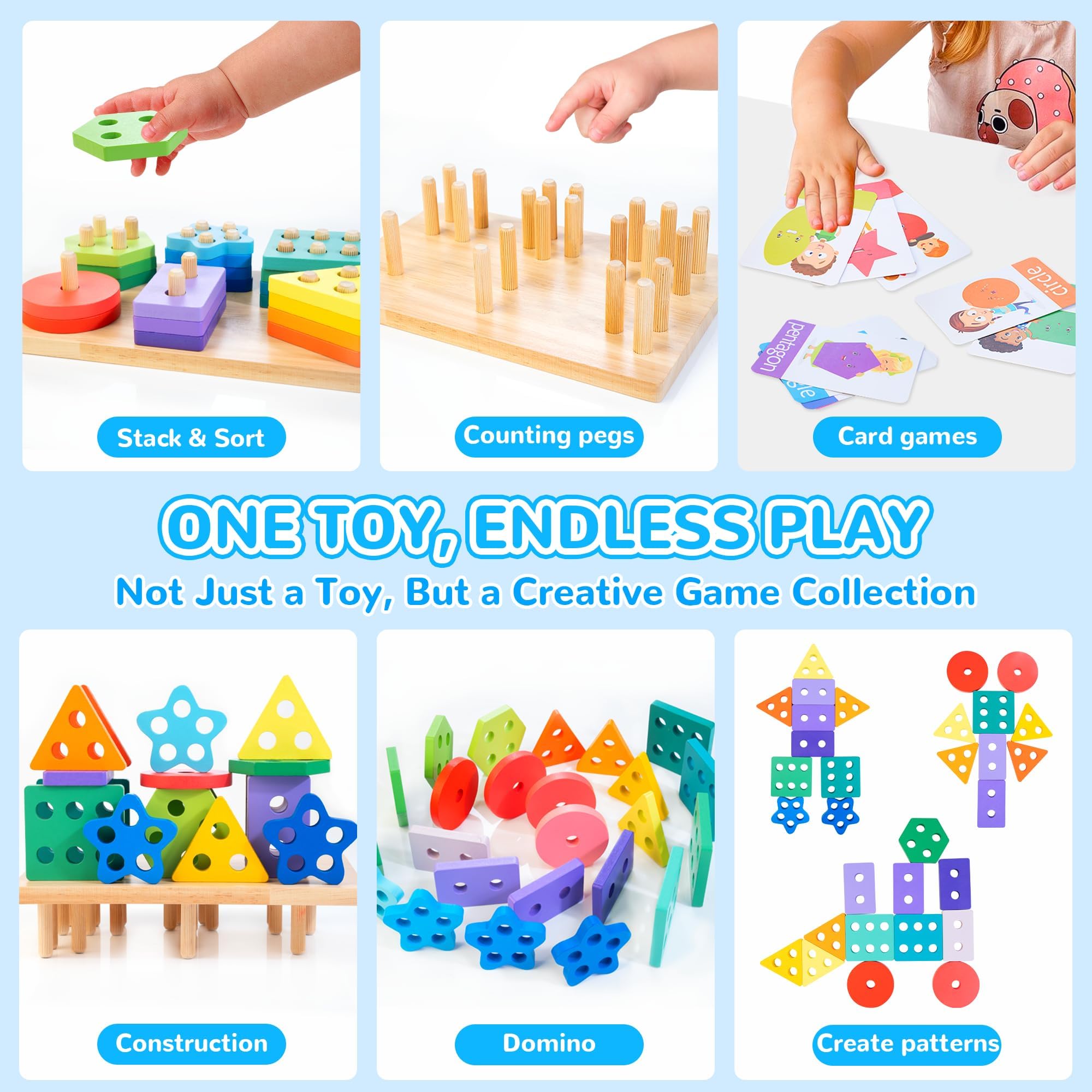 HELLOWOOD Wooden Sorting & Stacking Toy, Colour Recognition Shape Sorter Puzzle Montessori Educational Learning Toy for Girls Boys Children Age 1 2 3 1