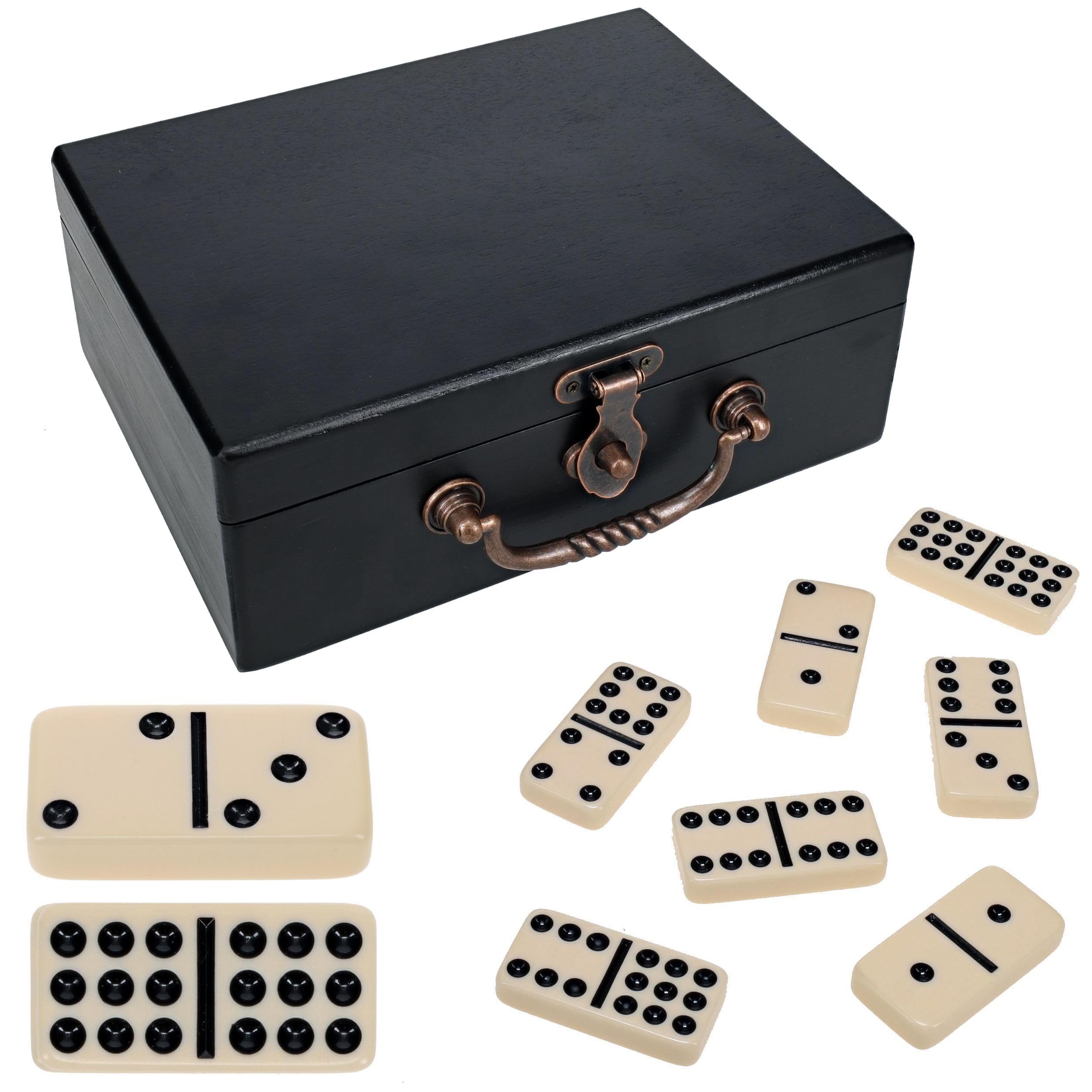 WE Games Domino doppio 9 in scatola del tesoro in legno tinto nero, set domino per adulti, colore avorio Double Nine Domino, giochi da tavolo classici, giochi di piastrelle
