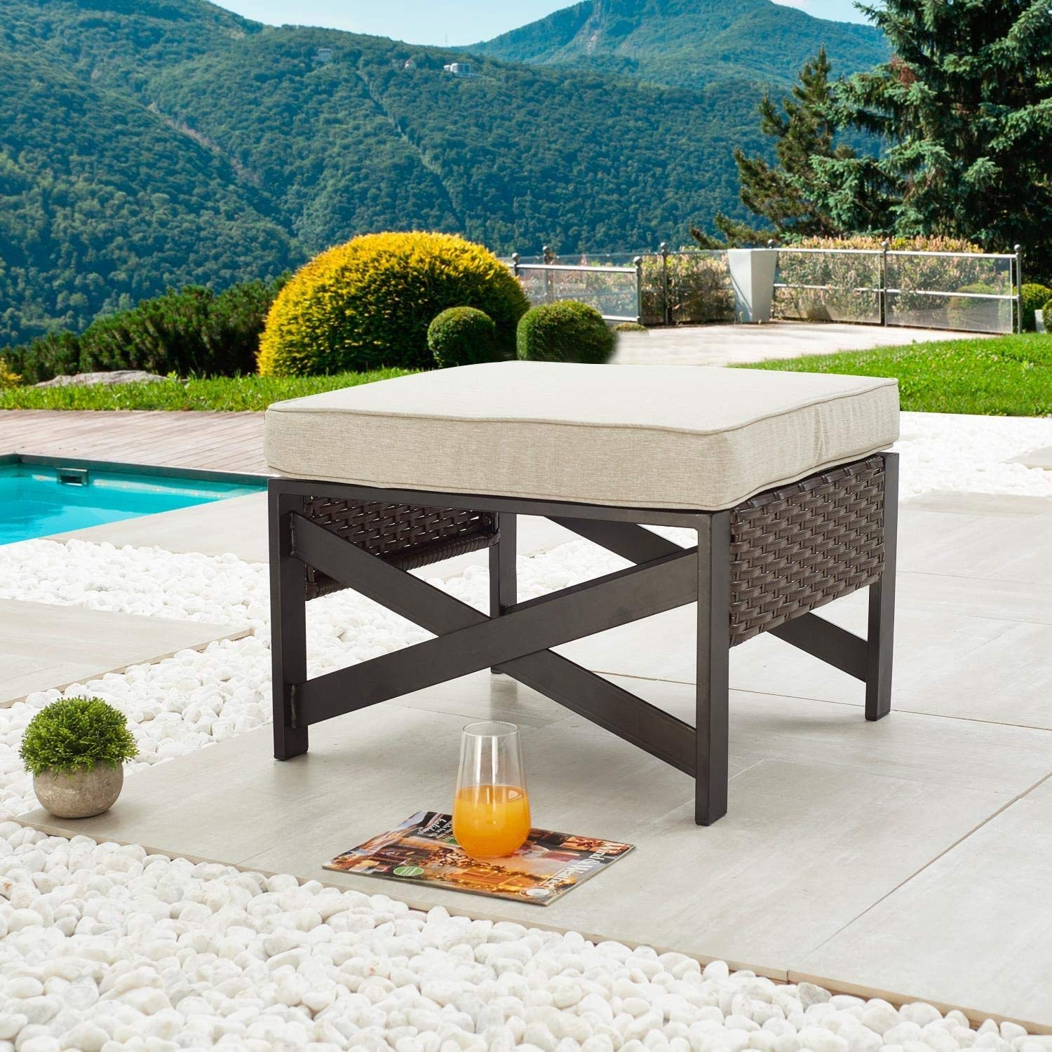 PatioFestival Outdoor Rattan Ottoman Patio Footstool Wicker Furniture End Tea Coffee Table Foot stools Seat with Cushion for Garden Porch Poolside Balcony (Brown)