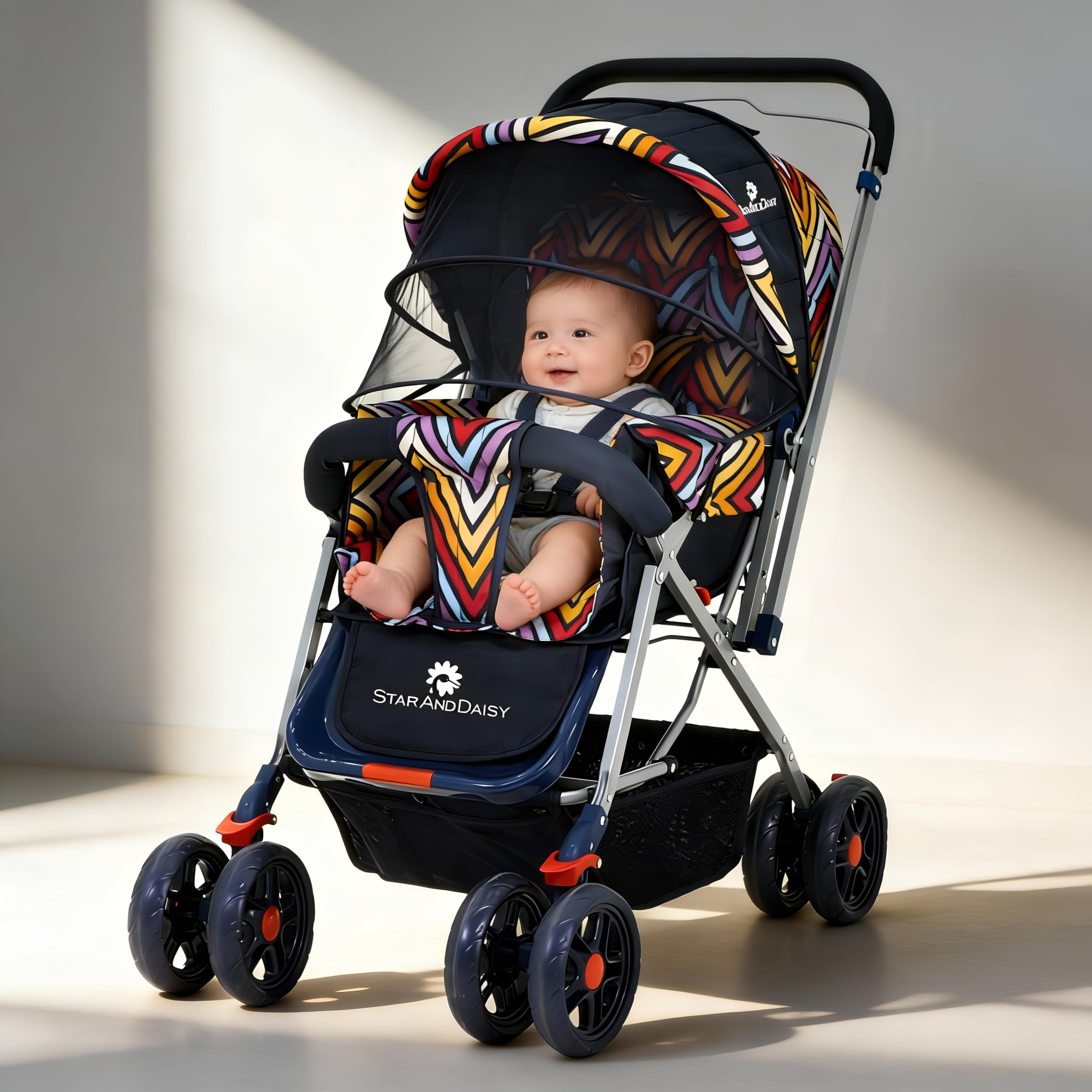 StarAndDaisy Stroller for Baby Boy & Girls 0 to 3 Years / Baby Stroller with Lightweight / Foldable Pram for Babies with 3-Point Safety Harness, Adjustable Backrest, 360° Swivel Wheel, Large Storage, Reversible Handlebar, Extended Mosquito Net -Vibrant-picture-16