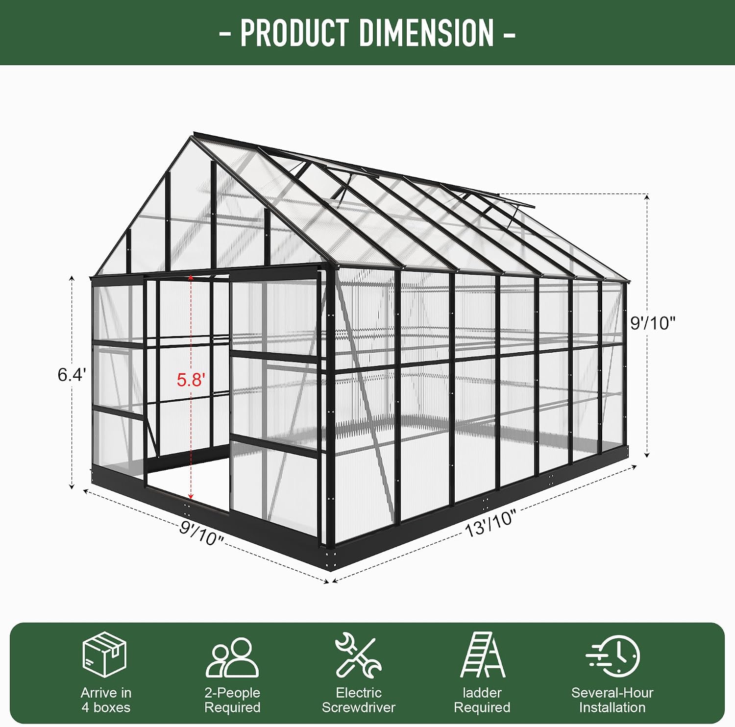 10x14 FT Polycarbonate Greenhouse, Walk-in Greenhouse for Outdoor, Heavy Duty Aluminum Frame with 4 Roof Vent Windows for Garden, Patio and Backyard