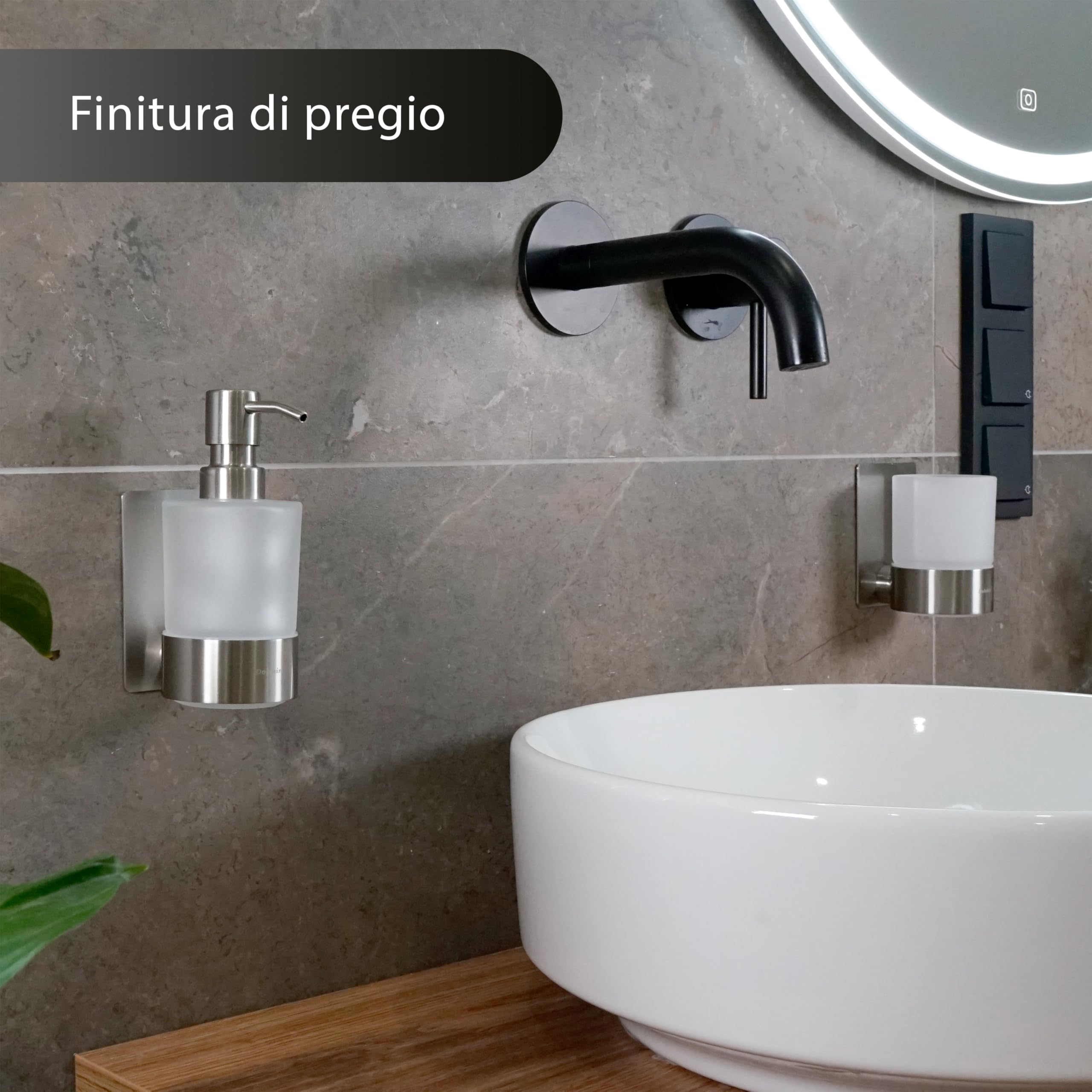 Set Dispenser Sapone e Bicchiere Bagno | Dosatore Liquido & Portaspazzolino Vetro Satinato | Supporto Inox Senza Forare | Dispenser Adesivo da Parete | Set Accessori Bagno | Grigio Argento