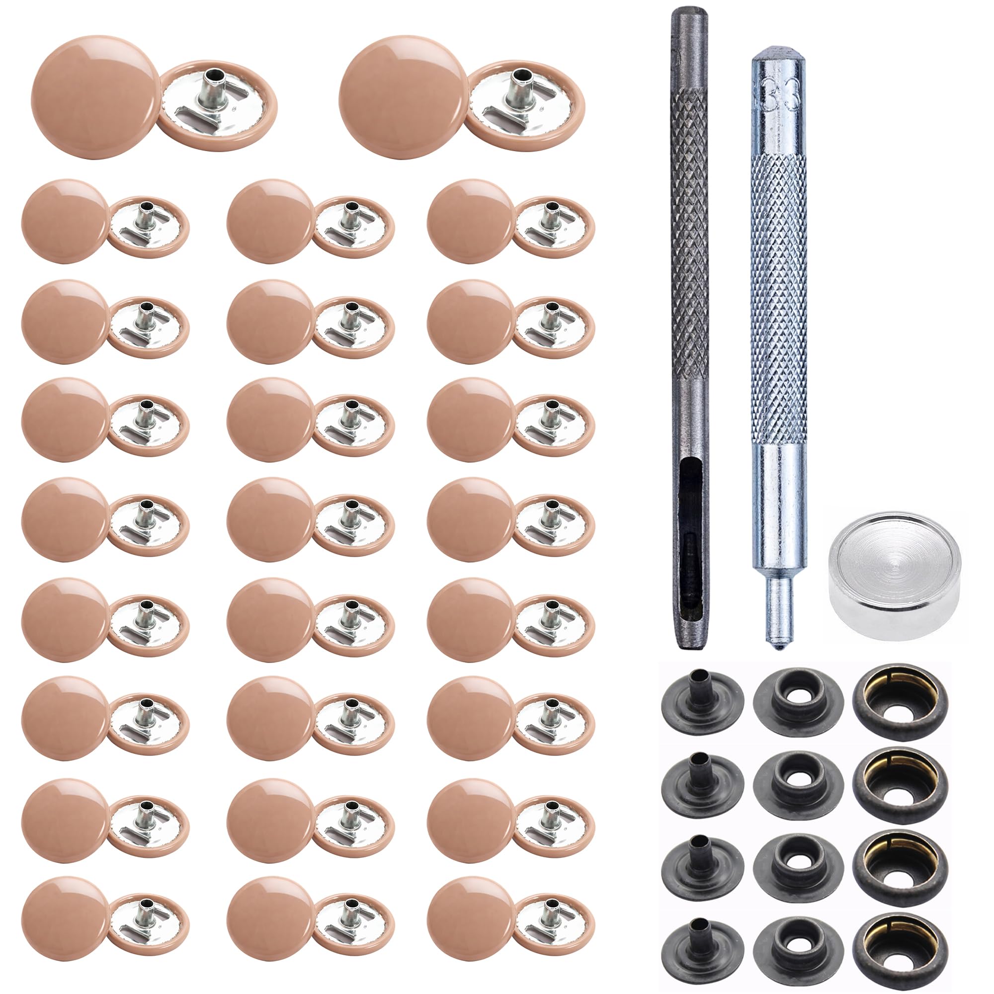 Trimming Shop Beige 15mm Press Studs with Black Back Snaps, Metal 4 Part Snap Fasteners with Hand Fixing Tool for Jeans, Leather, Straps Sewing Projects, Clothes Repair, 100pcs