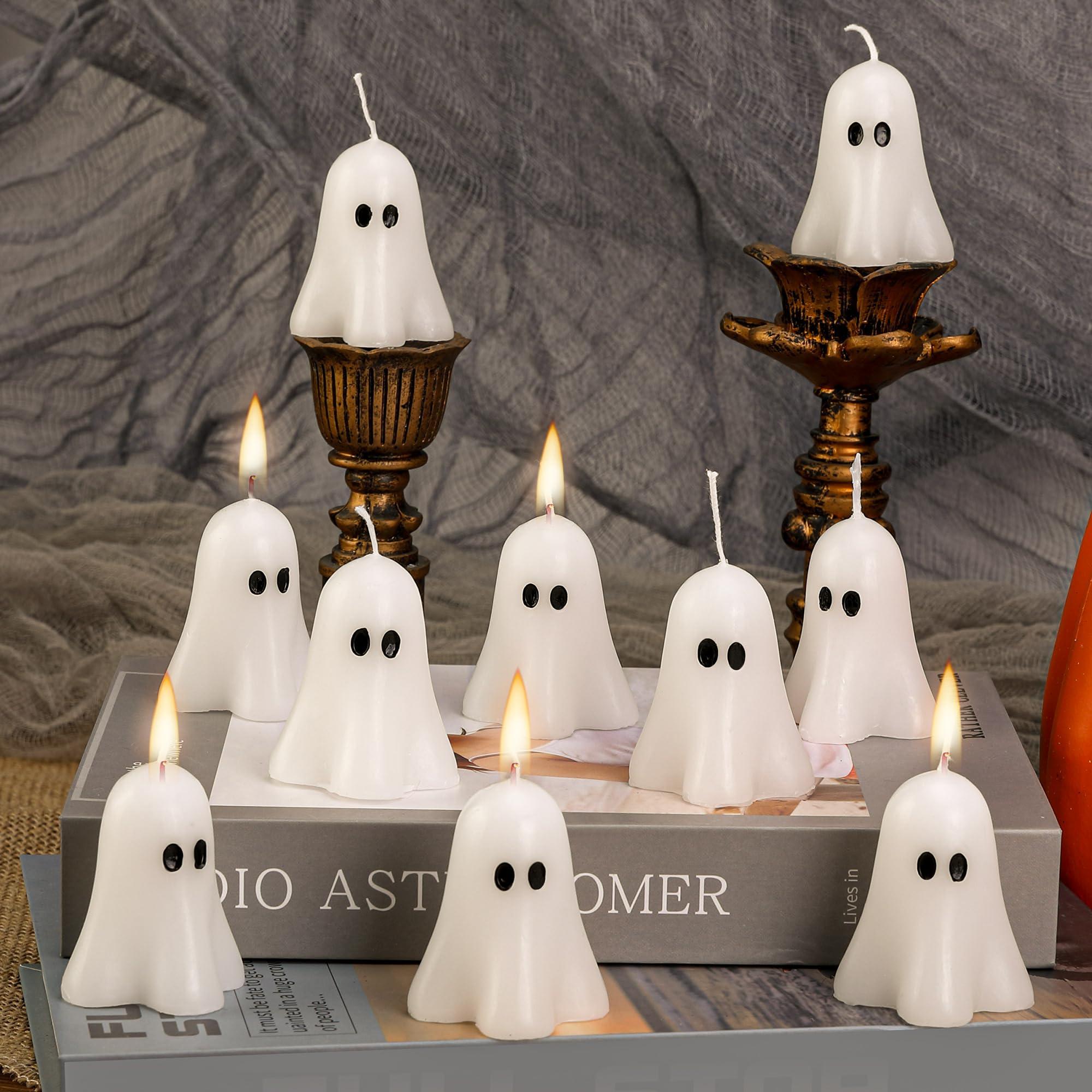 EBaokuup 10 PCS 2.3'' X 1.6'' Halloween Ghost Candles, White Classic Decor Candle for Home and Table Decorations