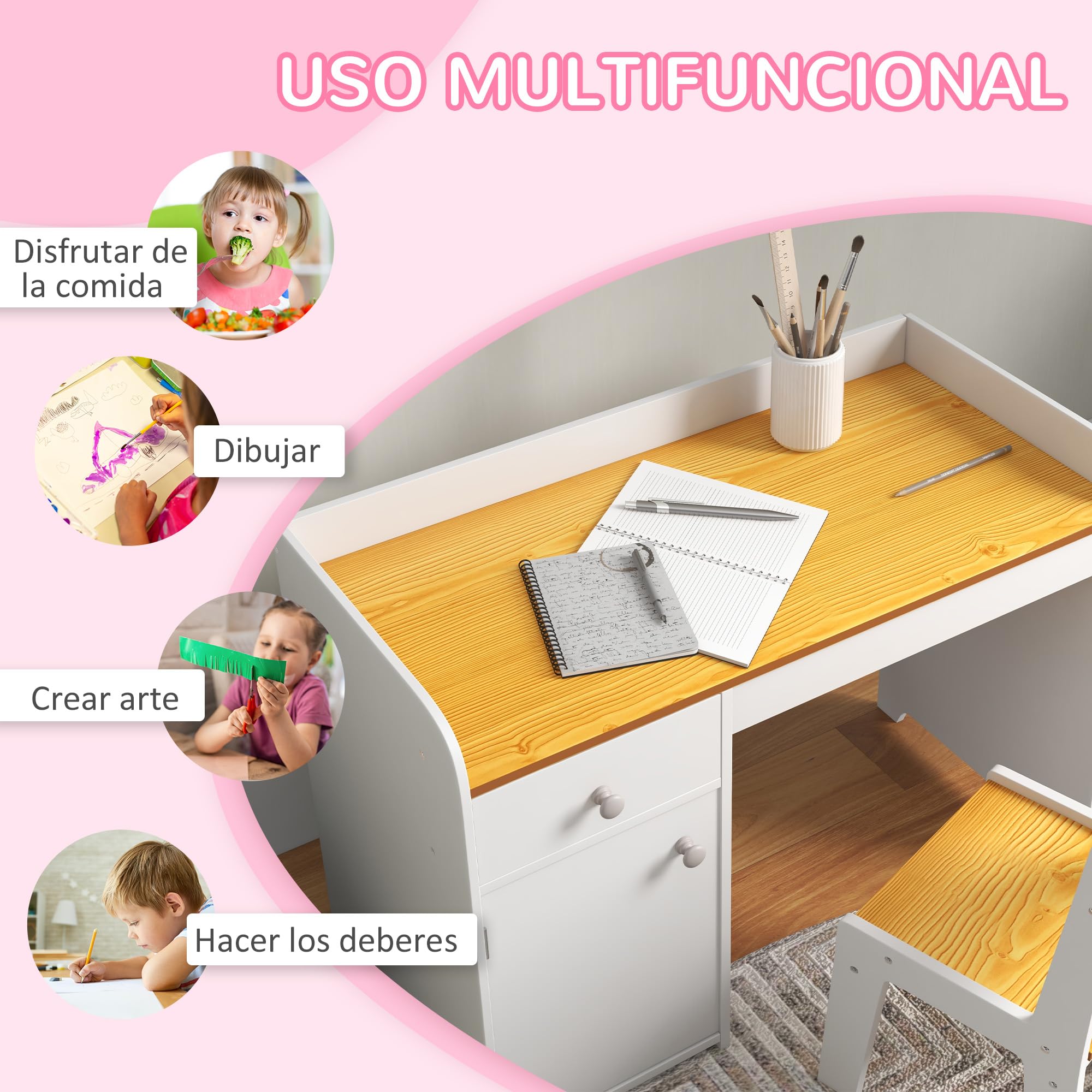 ZONEKIZ Conjunto de Escritorio de 2 Piezas Pupitre Infantil Escritorio para Niños Incluye Silla y Mesa con Cajón y Armario para Dormitorio Sala Blanco y Natural