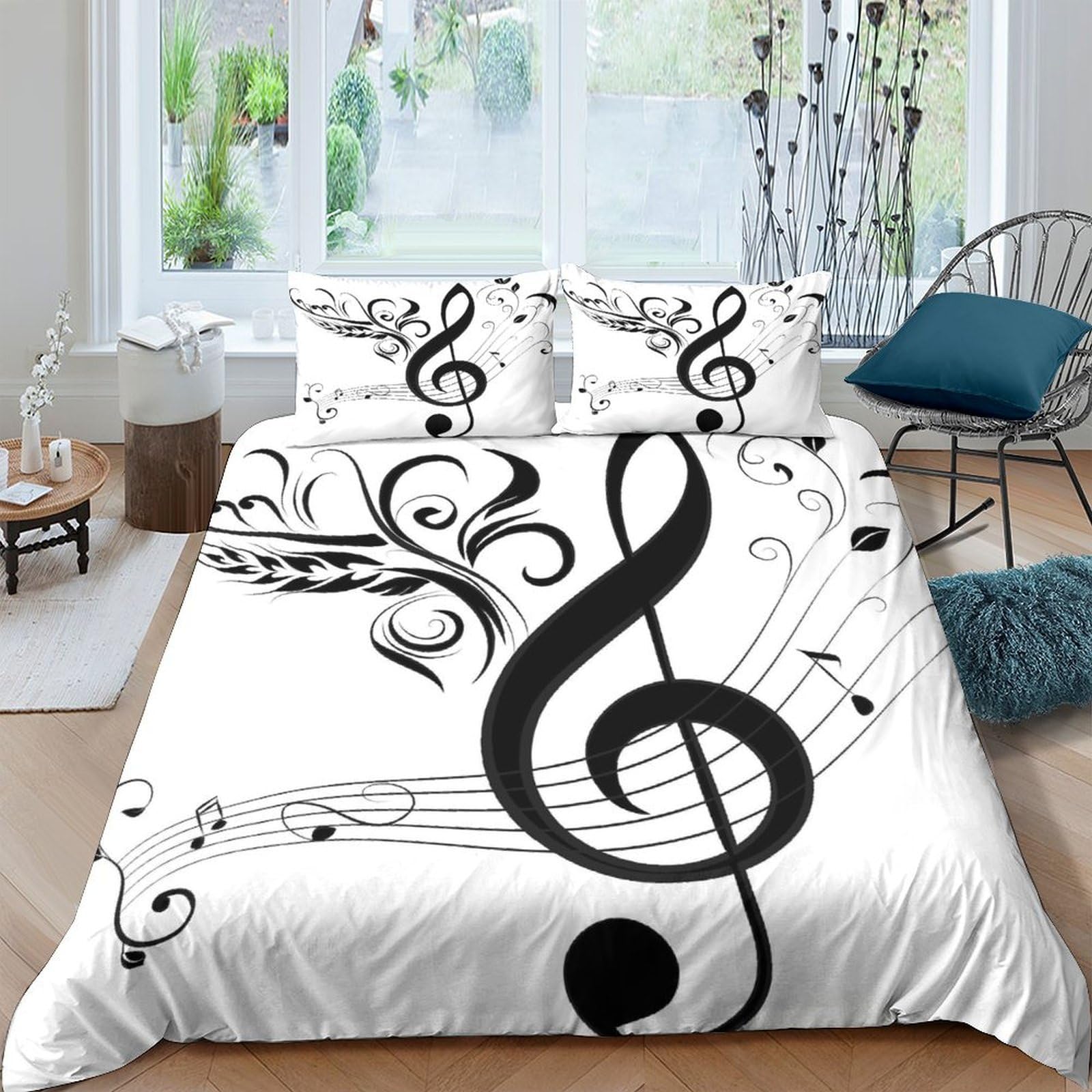 TUFRTGYHN 3D Printed Music Note Duvet Cover Microfiber Soft Breathable Black White Bedding Set with 2 Pillowcases for Bedroom Decor Single（135x200cm）