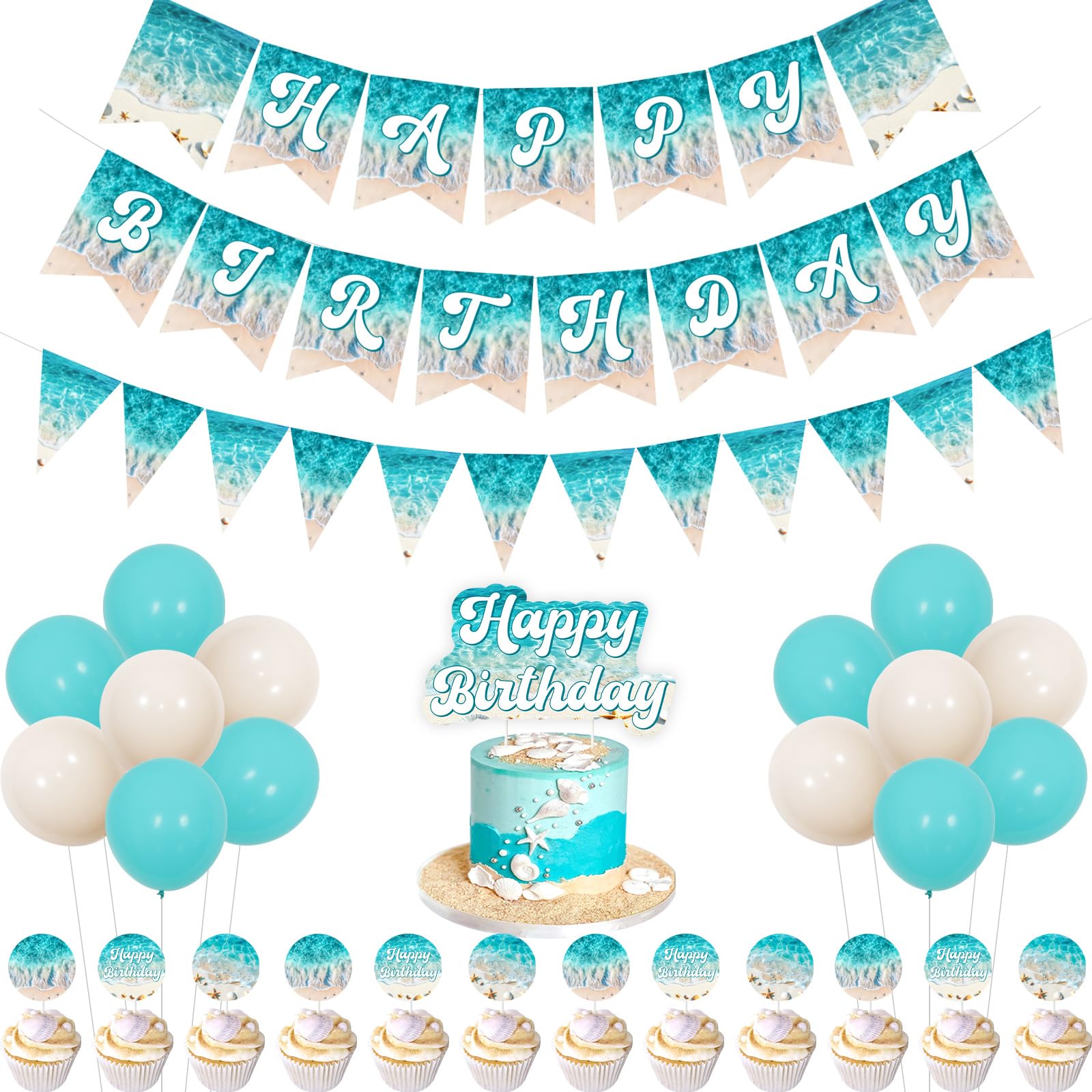 Wonmelody Ocean Waves Birthday Decor Ocean Beach Happy Birthday Banner Summer Beach Happy Birthday Cake Toppers Blue Triangle Pennant Banner Supplies