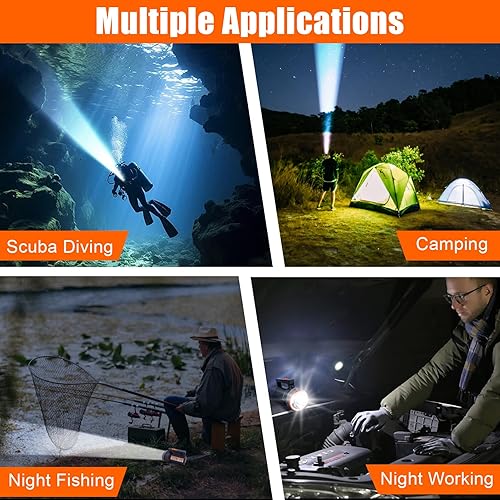 Miniatura 4 de Linterna de buceo recargable con pantalla de alimentación, IP68 impermeable y sumergible, interruptor doble, 4 modos, reflector LED portátil para