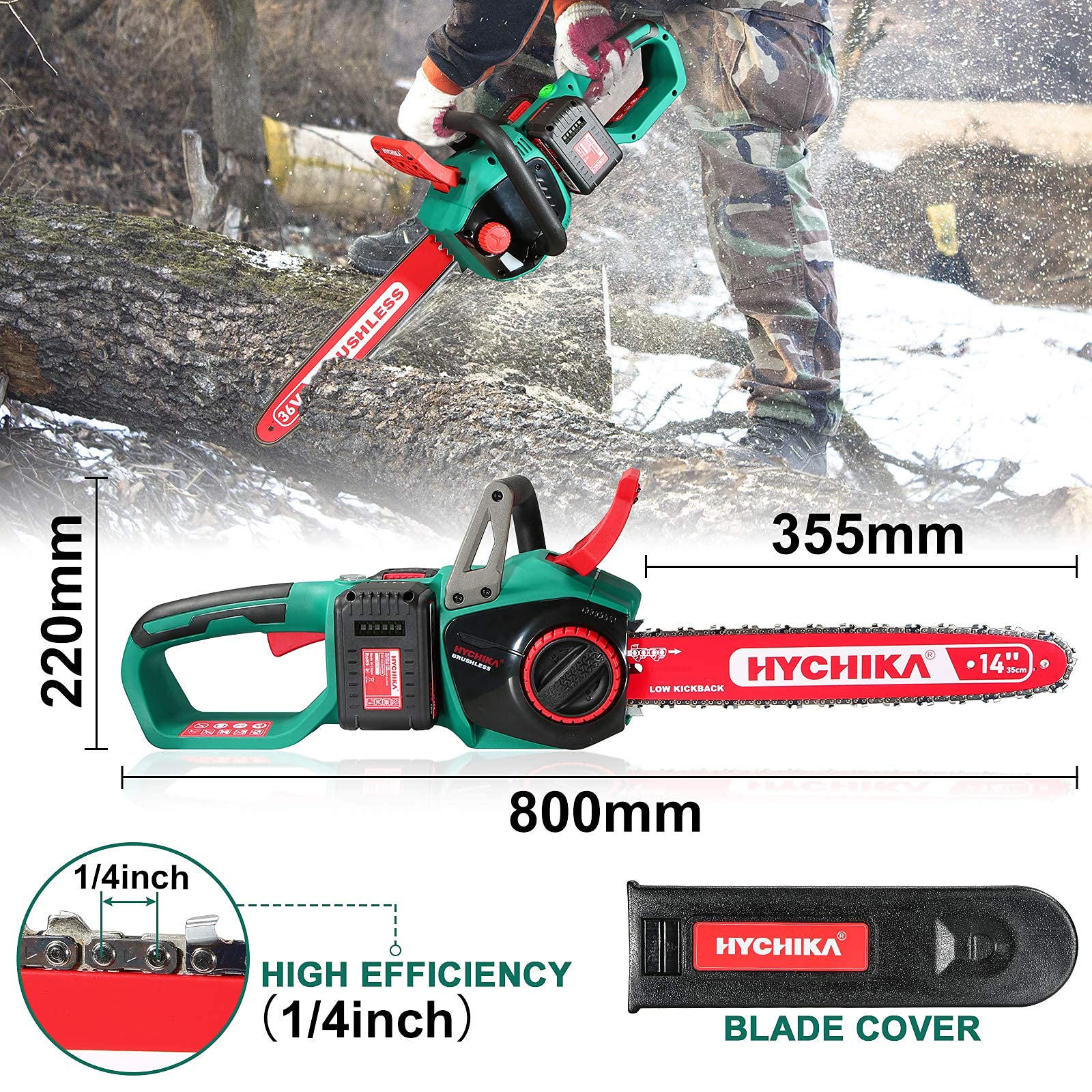 Cordless Chainsaw 36V, HYCHIKA 8000RPM Brushless Electric Chainsaw with