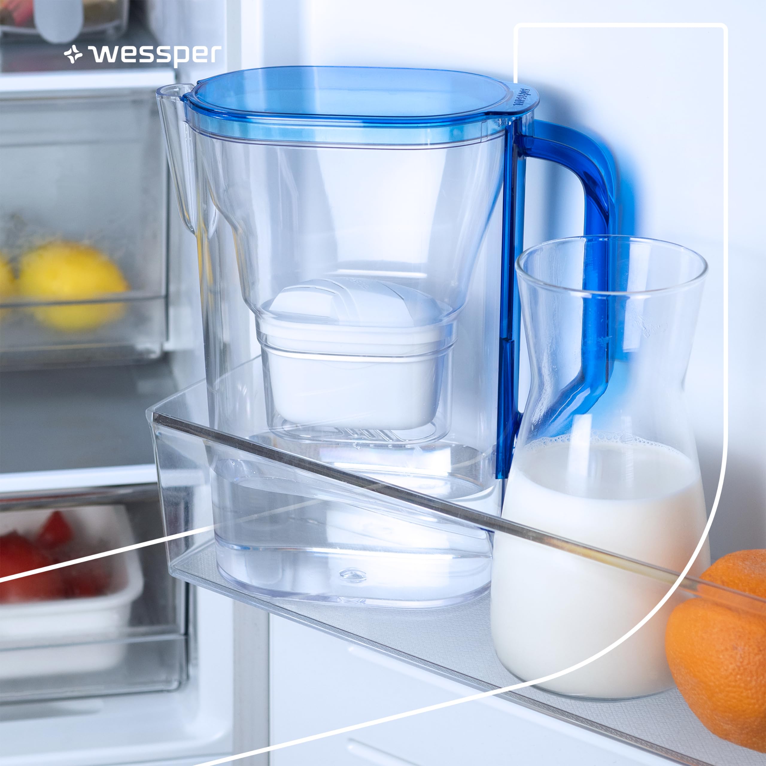 Wessper Caraffa Filtrante con Filtri, Caraffa per Frigorifero da 2,7 Litri, Cartucce per Acqua con Carbone Attivo e Rresina a Scambio Ionico, Caraffe e set di 6 Filtro - Blu