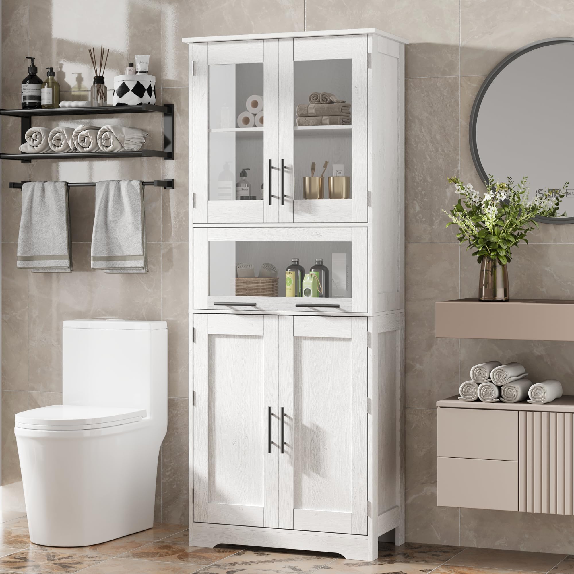 Armario de Baño Premium Ancho, Gran Almacenamiento, Ideal para Cocina, Baño y Salón. Estructura de Madera Maciza. 60 × 30 × 170 cm, Color Roble Blanco