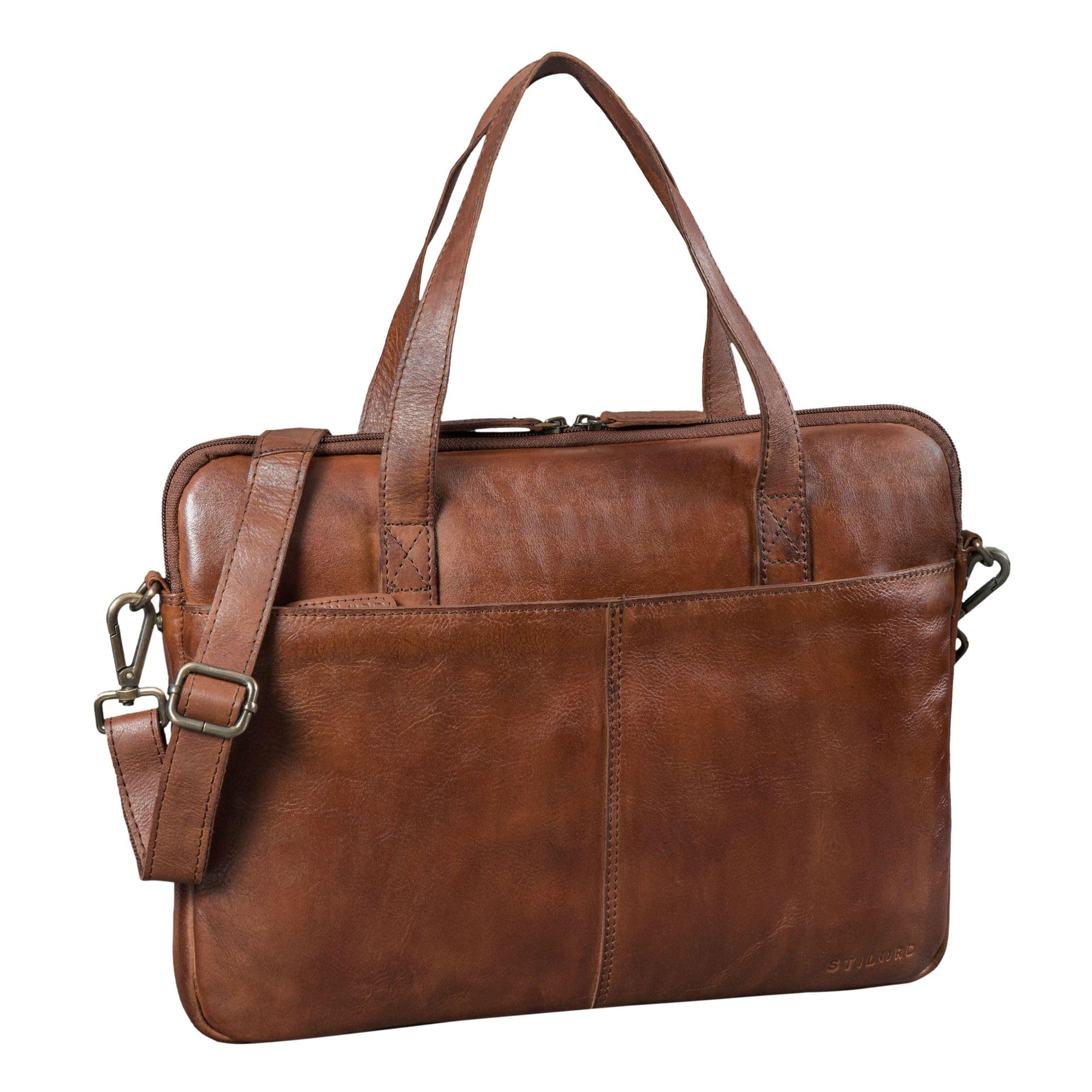 STILORD "Leonel Schmale Laptoptasche 15.6 Zoll Leder Braun Aktentasche Herren Notebooktasche Echtleder Laptop Sleeve Dünne Business Umhängetasche mit Schultergurt & Griff