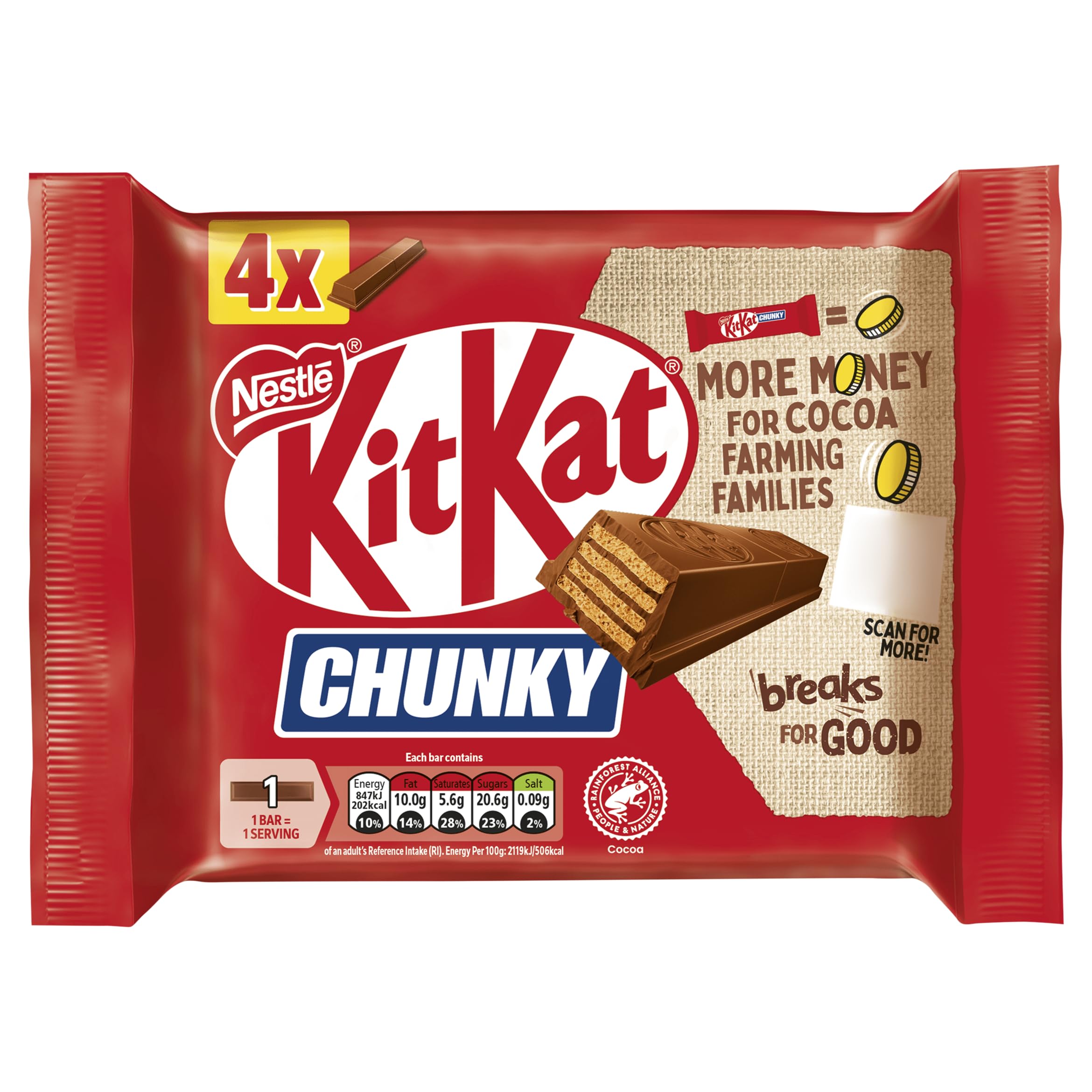 KitKat Chunky Milk Chocolate Bar Multipack, 4 x 40 gRainforest AllianceRainforest AllianceRainforest AllianceRainforest Alliance