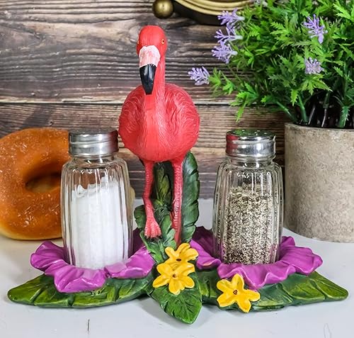 Ebros Tropical Paradise Bird - Estatua de flamenco rosa con cristal para sal y pimentero, juego de decoración de pájaros vadeo elegante, 7.25