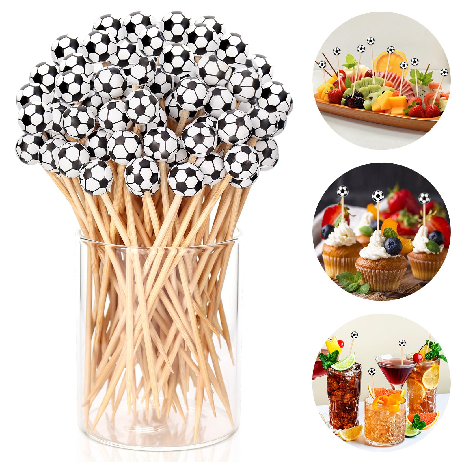 100 Pcs Soccer Toothpicks, 4.72 Inch Soccer Cocktail Picks for Appetizers, Long Bamboo Toothpicks, Decorative Toothpicks Skewers for Holiday Birthday
