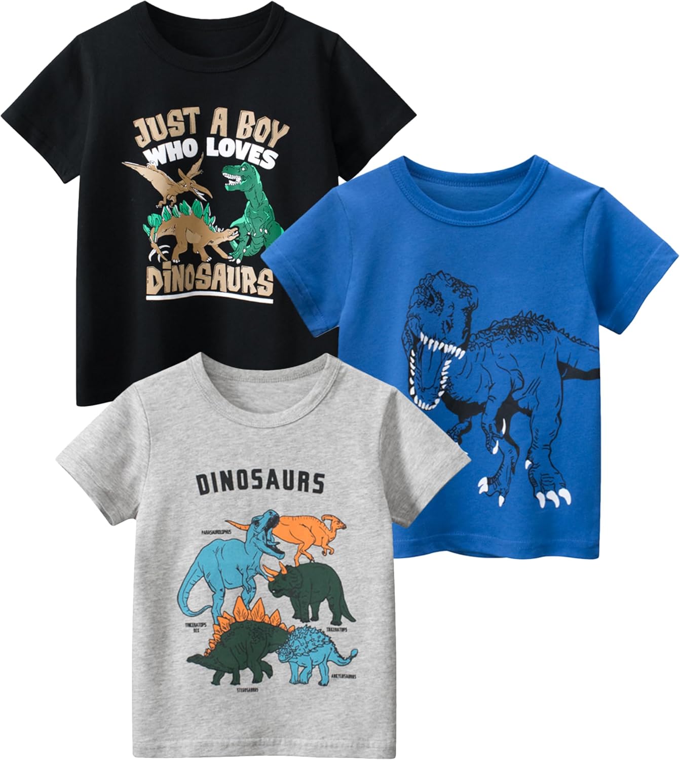 GFQLONG 3 Pack Toddler Boy Graphic Shirts, Dinosaur Short Sleeve Cotton Tshirt, Kids Summer Cars Tees Top Clothes