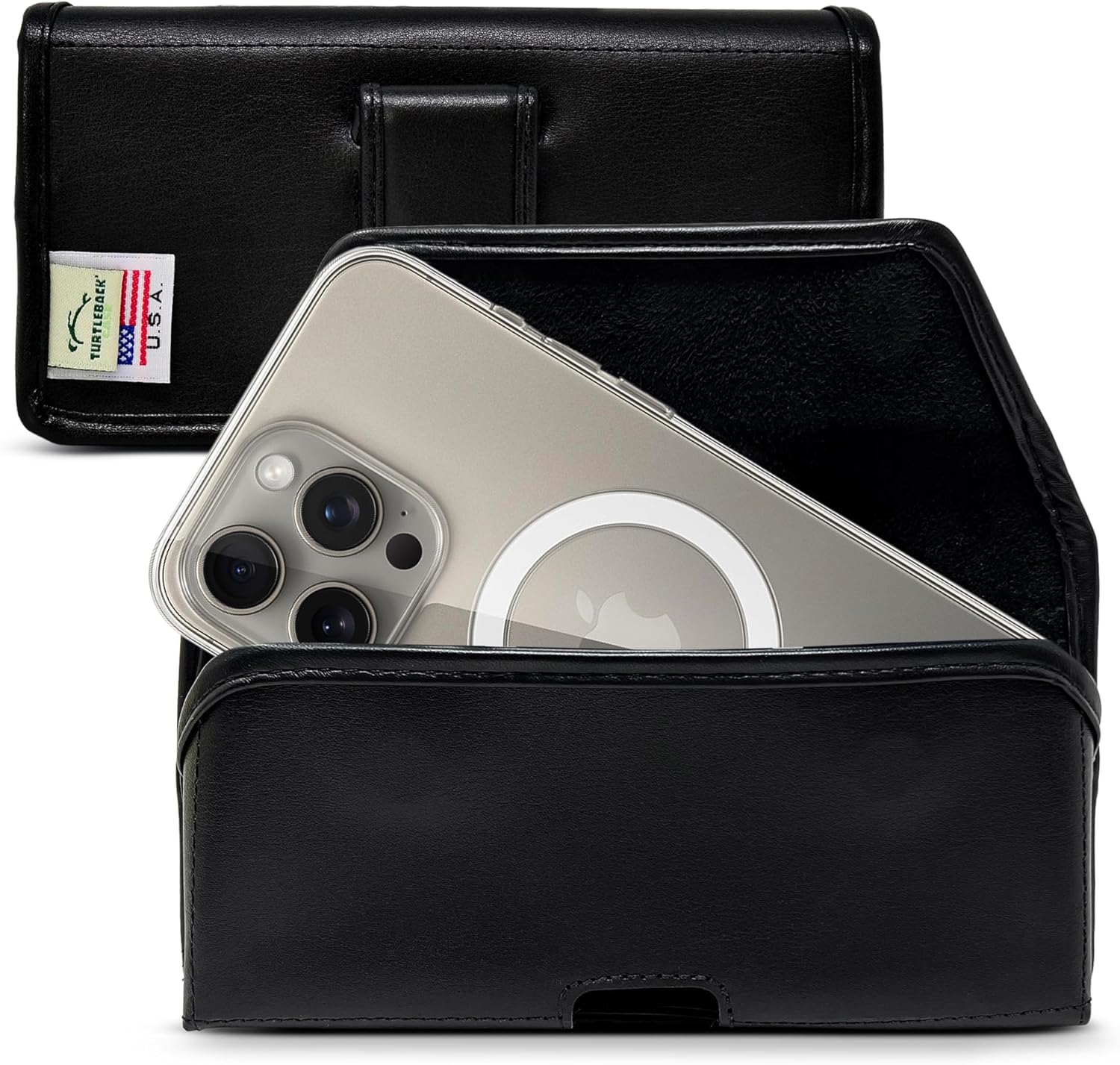 Turtleback Belt Holder for iPhone 16 Pro, 16e, 15 pro 14 Pro 13 Pro -Small- Fits w/Slim MagSafe Style Cases, Premium Black Leather Horiz. Belt Holster, Magnetic Closure, Leather Wrapped Belt Clip