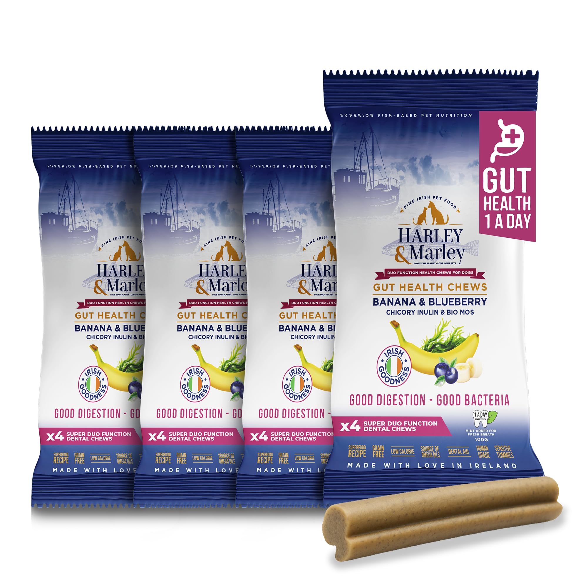 Harley & Marley Gut Duo Function Health Chews for Dogs - Dog Digestive Supplements with Fibre, Prebiotics & Biotics - Banana & Blueberry Recipe - Supports Teeth & Gums - 4pk (4/pk)