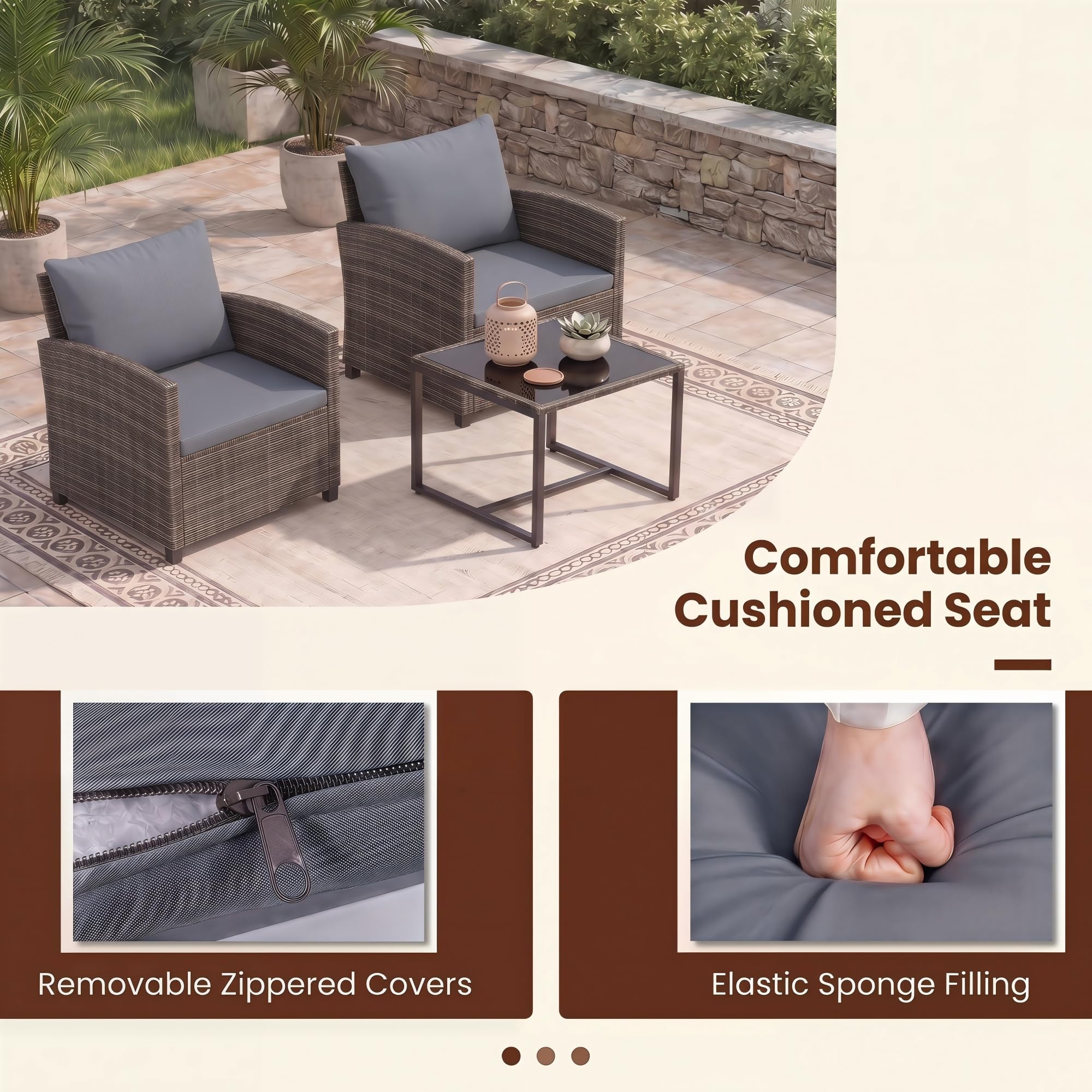 GIANTEX Set da Giardino 3 Pezzi, Salotto Esterno 2 Poltrone con Cuscini + Tavolino in Vetro, Marrone+Grigio