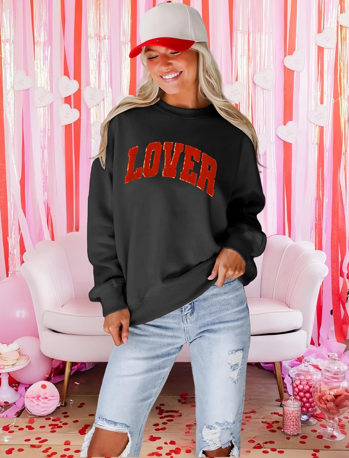 MAPICK Valentine Sweatshirts for Women Funny Letter Printed Chenille Patch Pullover Sweaters Long Sleeve Oversized Tops - Image 2