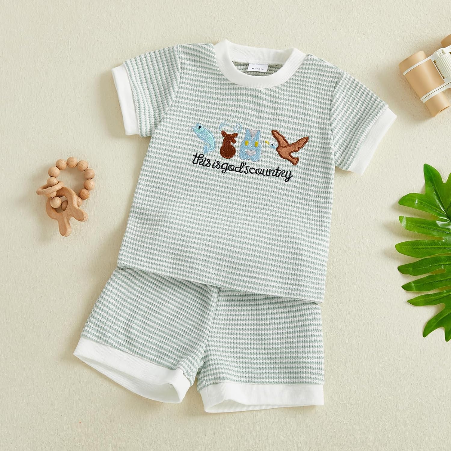 Summer Toddler Baby Boy Hunting Outfit This Is Gods Country Waffle Striped Short Sleeve Shirt Shorts Clothes Set - Image 2