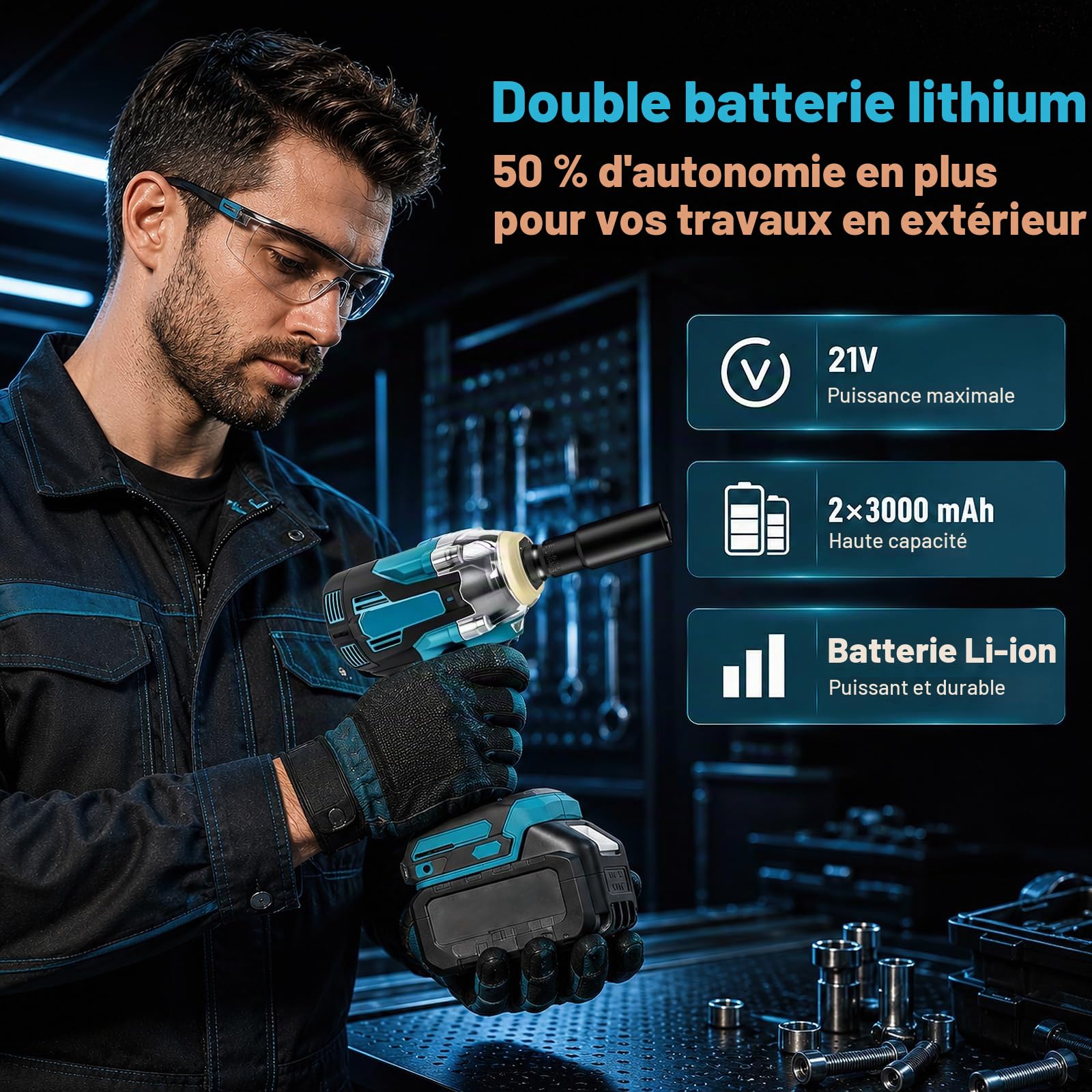 Clé à Chocs Sans Fil 1200N.m, Boulonneuse a Choc Electrique 1/2", 21V 3 en 1 Visseuse à Chocs avec 2 Batteries, avec lumière LED, 5 Douilles à Chocs, pour Maison/Voiture/DIY