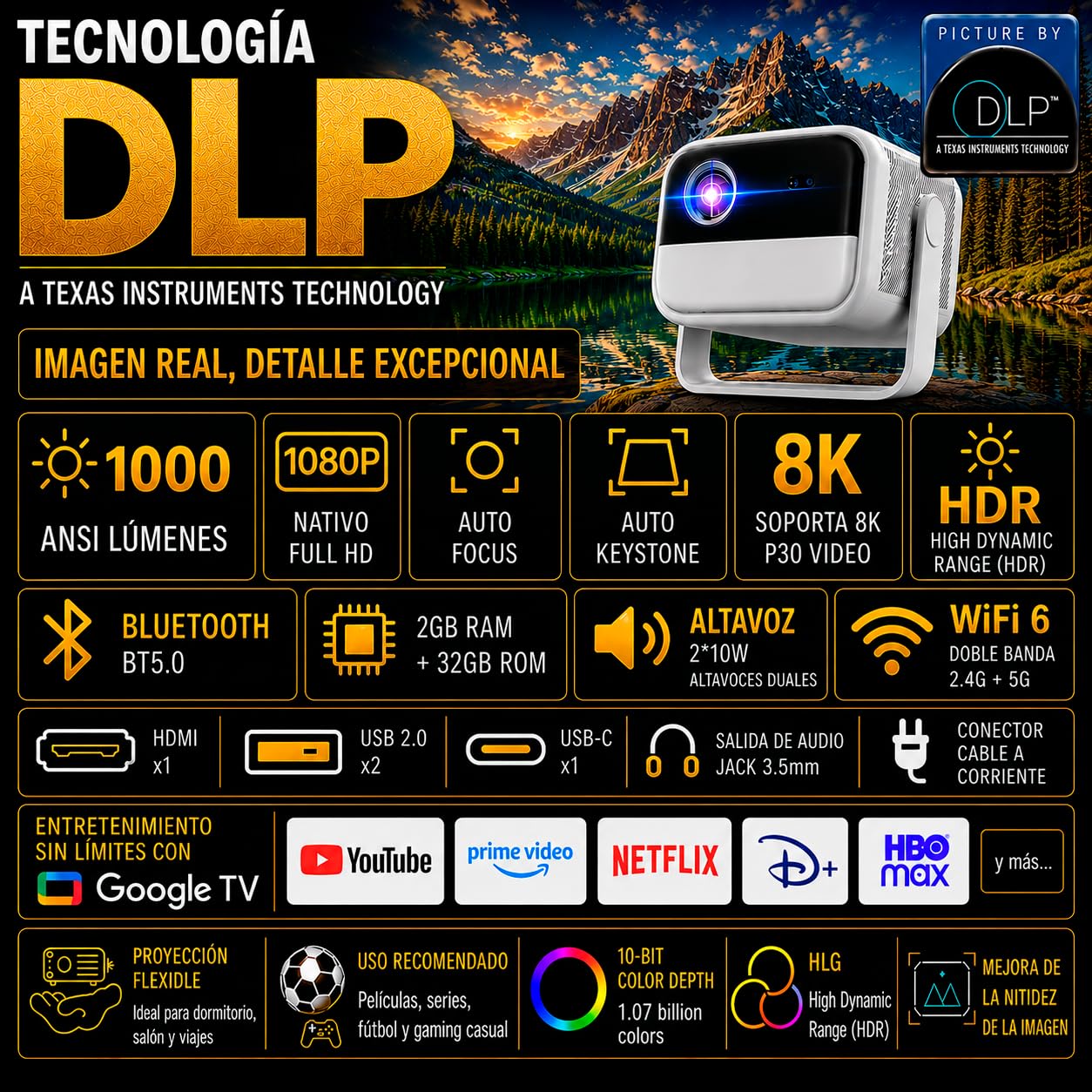 Proiettore DLP Google TV certificato | 1000 ANSI Lumen | Full HD 1080P nativo | Compatibile 4K con Scale XPR | Auto Focus e Auto Keystone 6D | WiFi 6 | 3D DLP Link | Batteria 20800 mAh | Altoparlanti