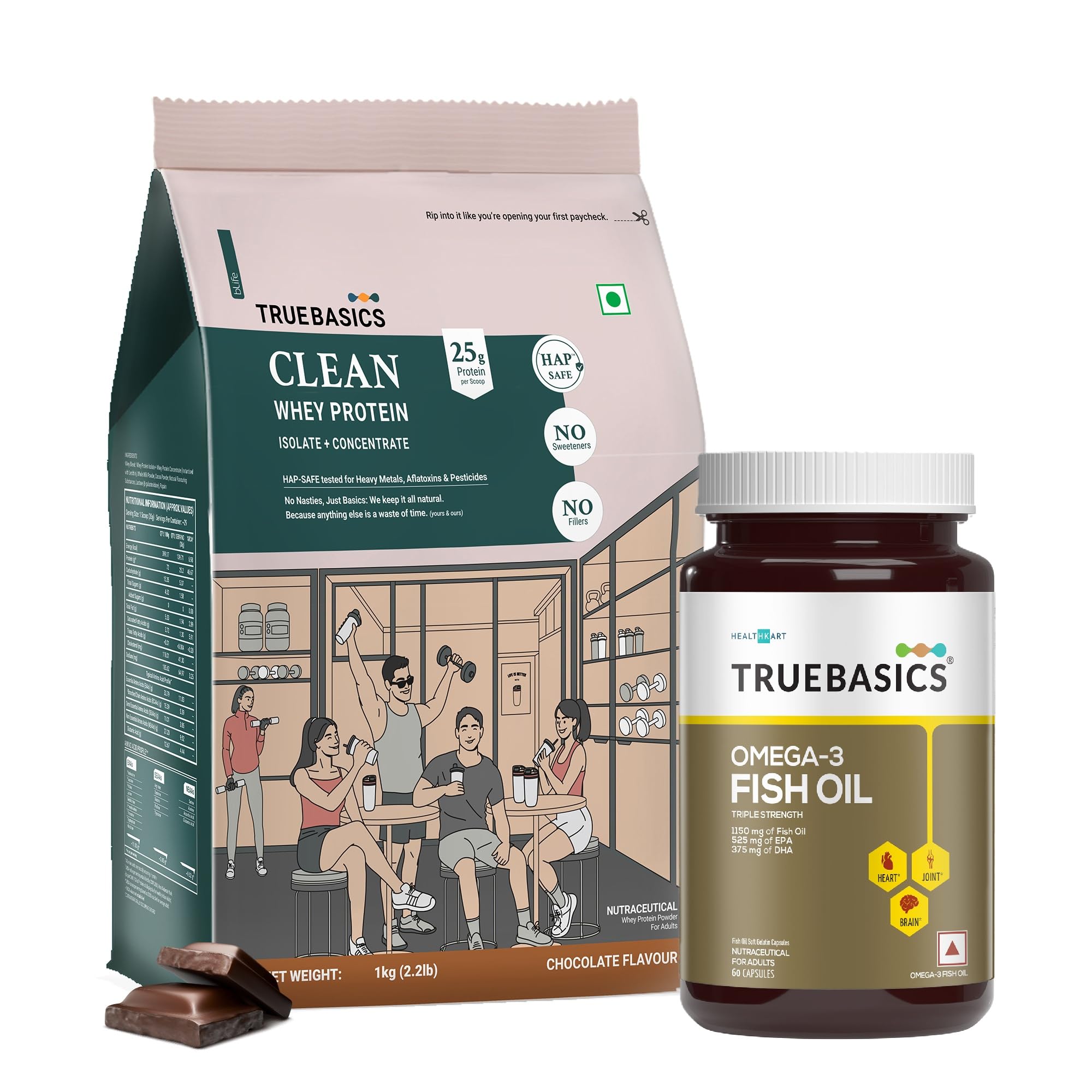 TrueBasics Clean Whey Protein Powder Isolate & Concentrate Blend (Chocolate, 1kg) & Omega 3 Fish Oil (60 Capsules) | Trustified Gold Certified | Combo Pack-image-8