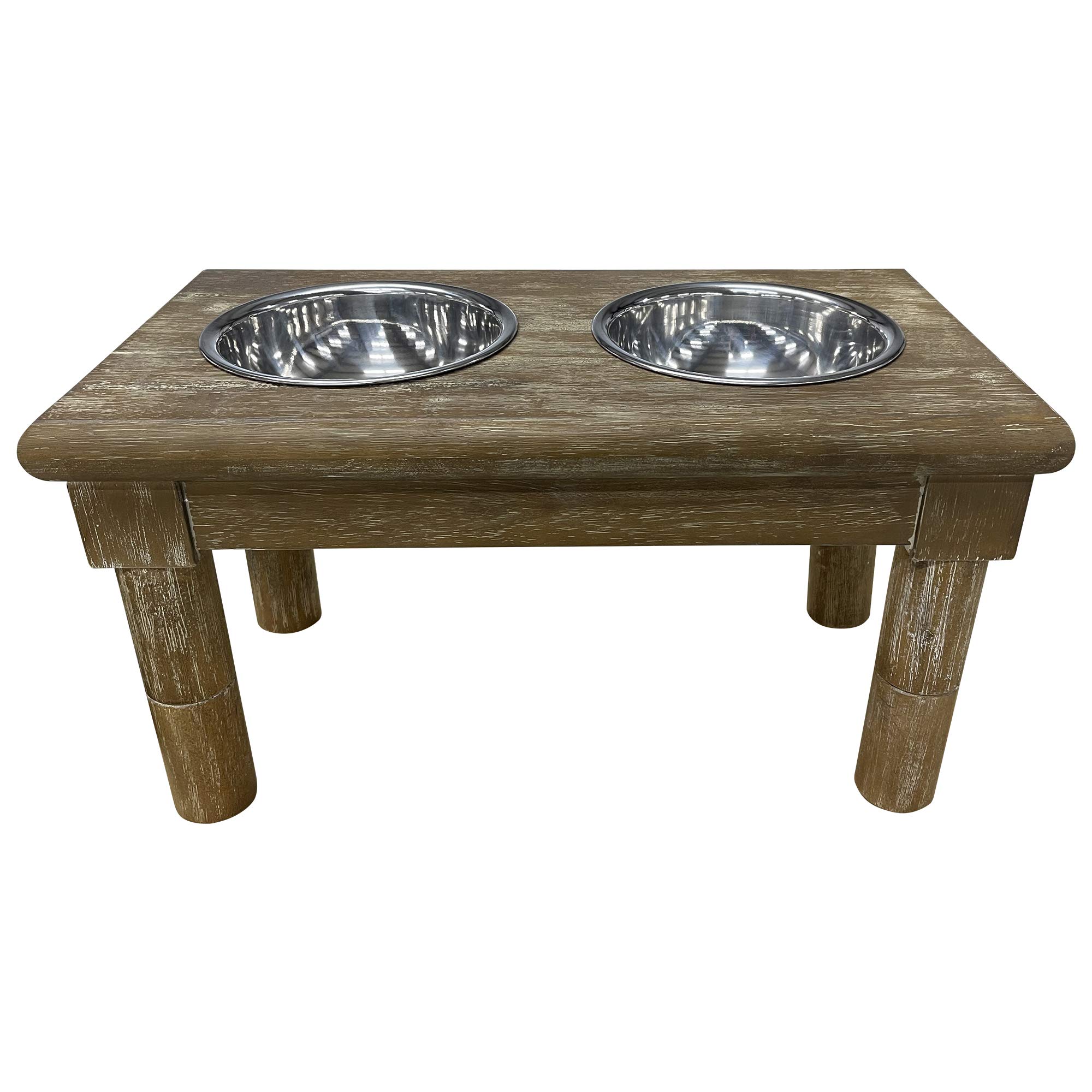 828 Pet Supplies | Adjustable Dog Feeder - 3 Height Levels - Aluminum Bowls - Washed Oak Finish - Farm House Pet Supplies - 16