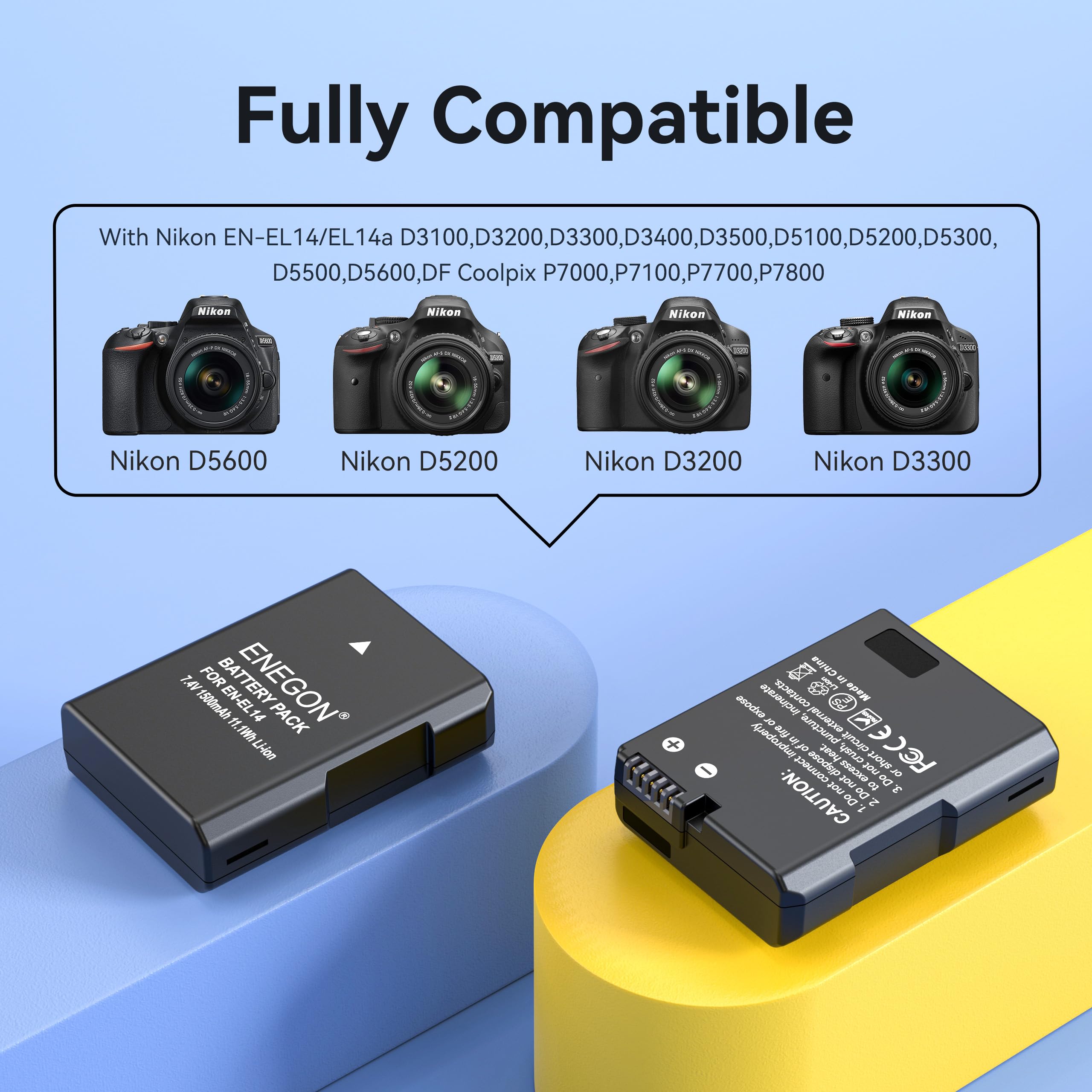 ENEGON EN-EL14 Coppia di batterie oltre caricatore rapido a 2 slot per Nikon EN-EL14/EN-EL14a e DSLR D3100, D3200, D3300, D3400, D3500, D5100, D5200, D5300, D5500, D5600, DF