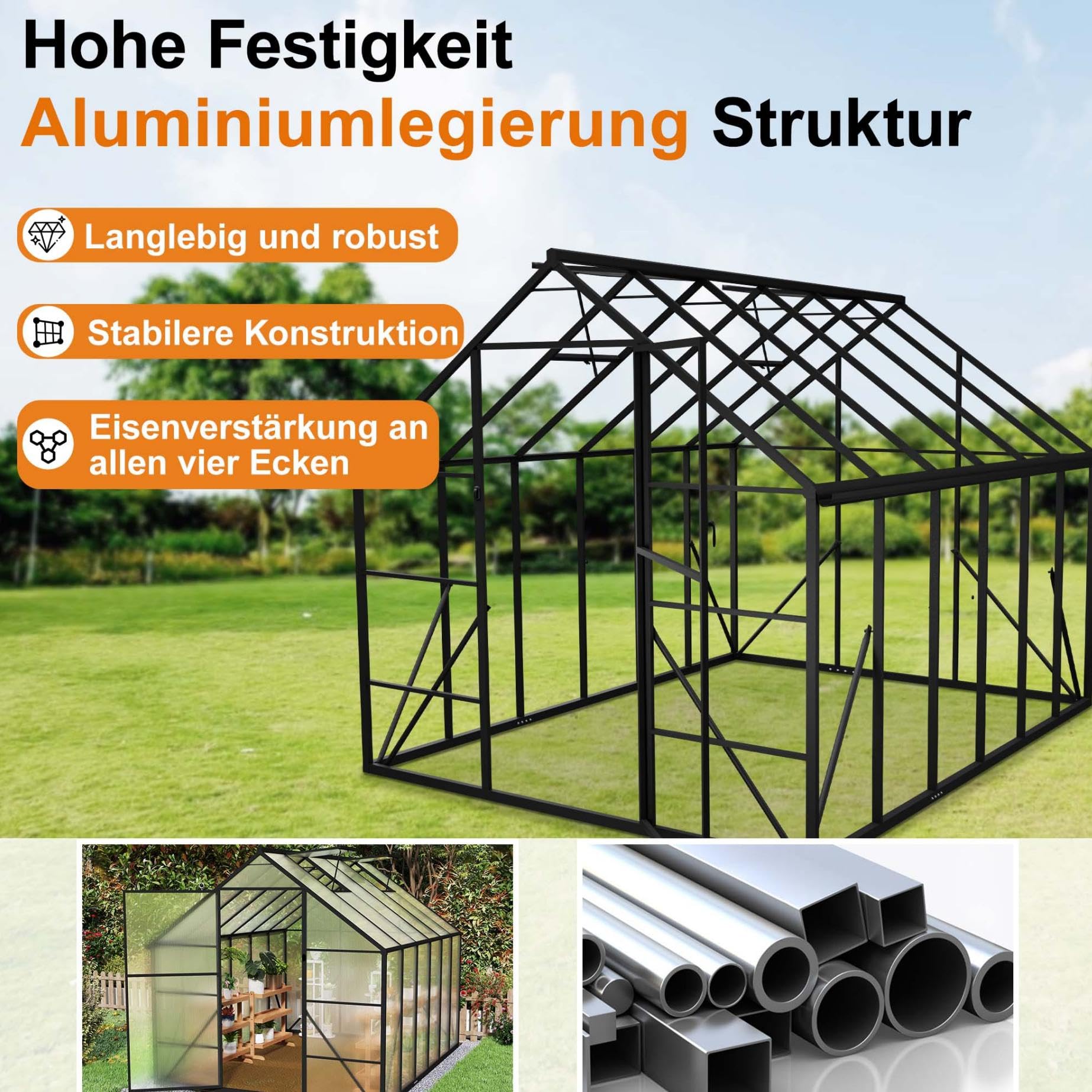 YRHome Szklarnia premium z aluminium, 310 x 250 x 205 cm, 7,75 m², szklarnia ogrodowa ze wzmocnionym fundamentem, oknami dachowymi i drzwiami, odporna na warunki atmosferyczne i temperaturę, na
