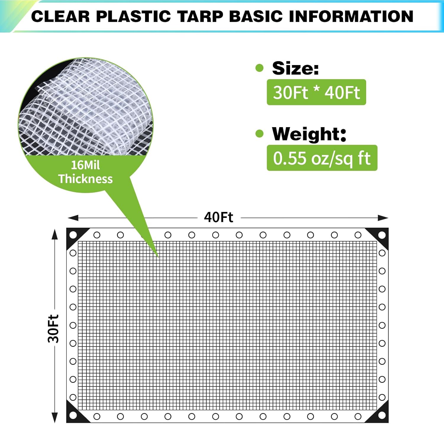 30Ft x40Ft Clear Greenhouse Plastic Covering, 16Mil Thickness Heavy Duty Clear tarp for Chicken coop, Greenhouse Plastic sheeting with Hemmed Edges & preinstalled Grommets.