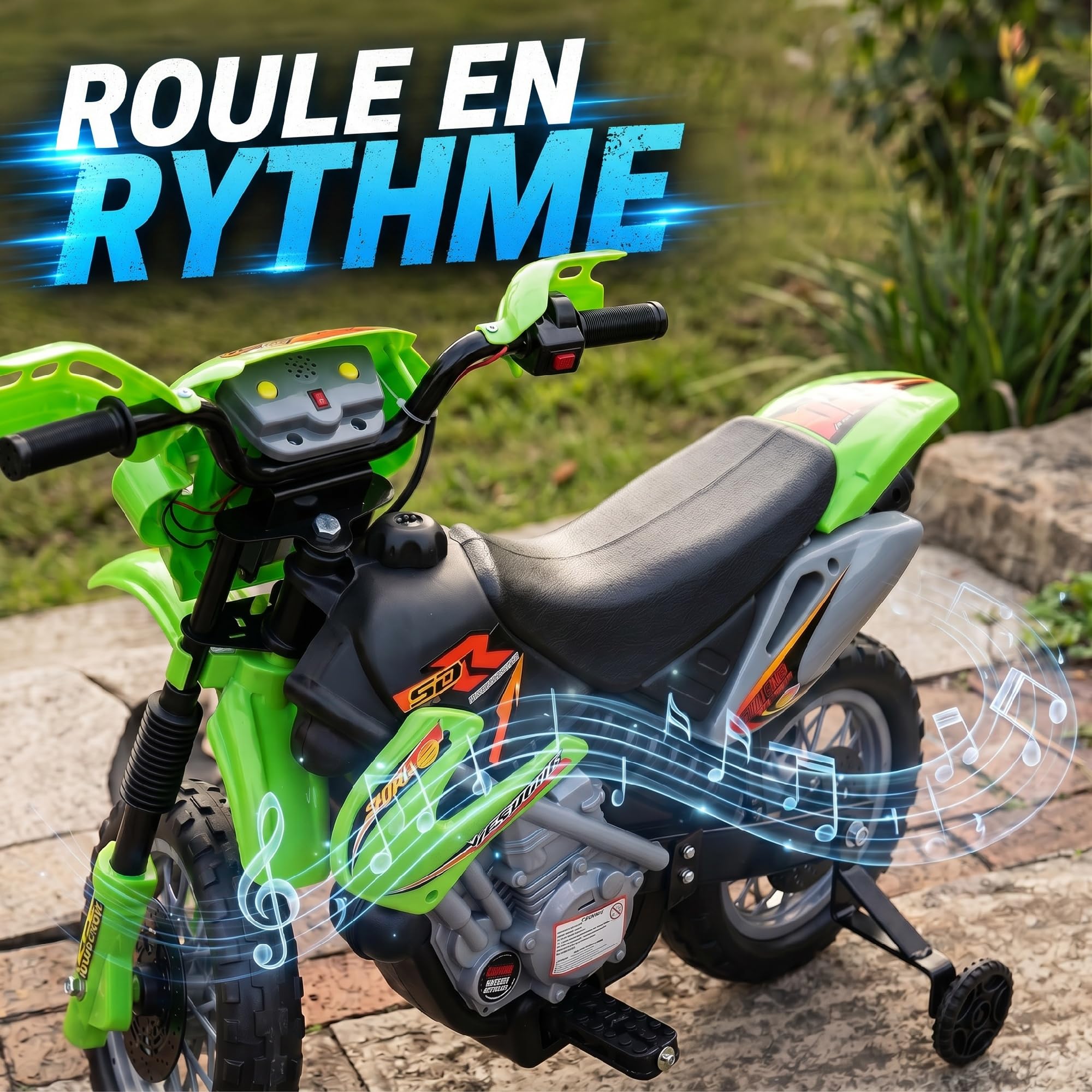 HOMCOM Elektrisches Cross-Motorrad Kind 3 bis 6 Jahre 6 V Scheinwerfer Hupe Musik 102 x 53 x 66 cm Grün und Schwarz