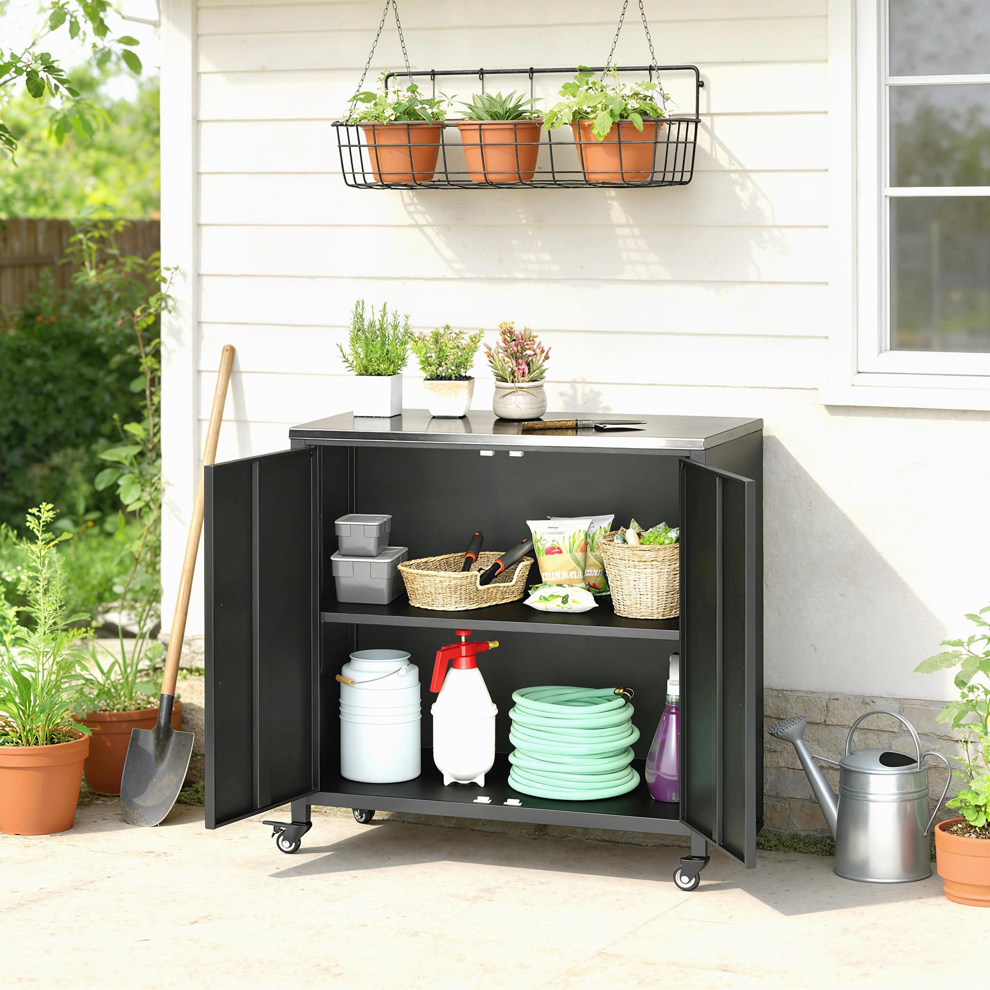 Outsunny Armoire de Jardin en Métal Extérieur roulettes 80x50x90 cm Noir | Armoire de Rangement de Jardin, Toit en Acier Inoxydable, Portes Magnétique, Étagère Amovible