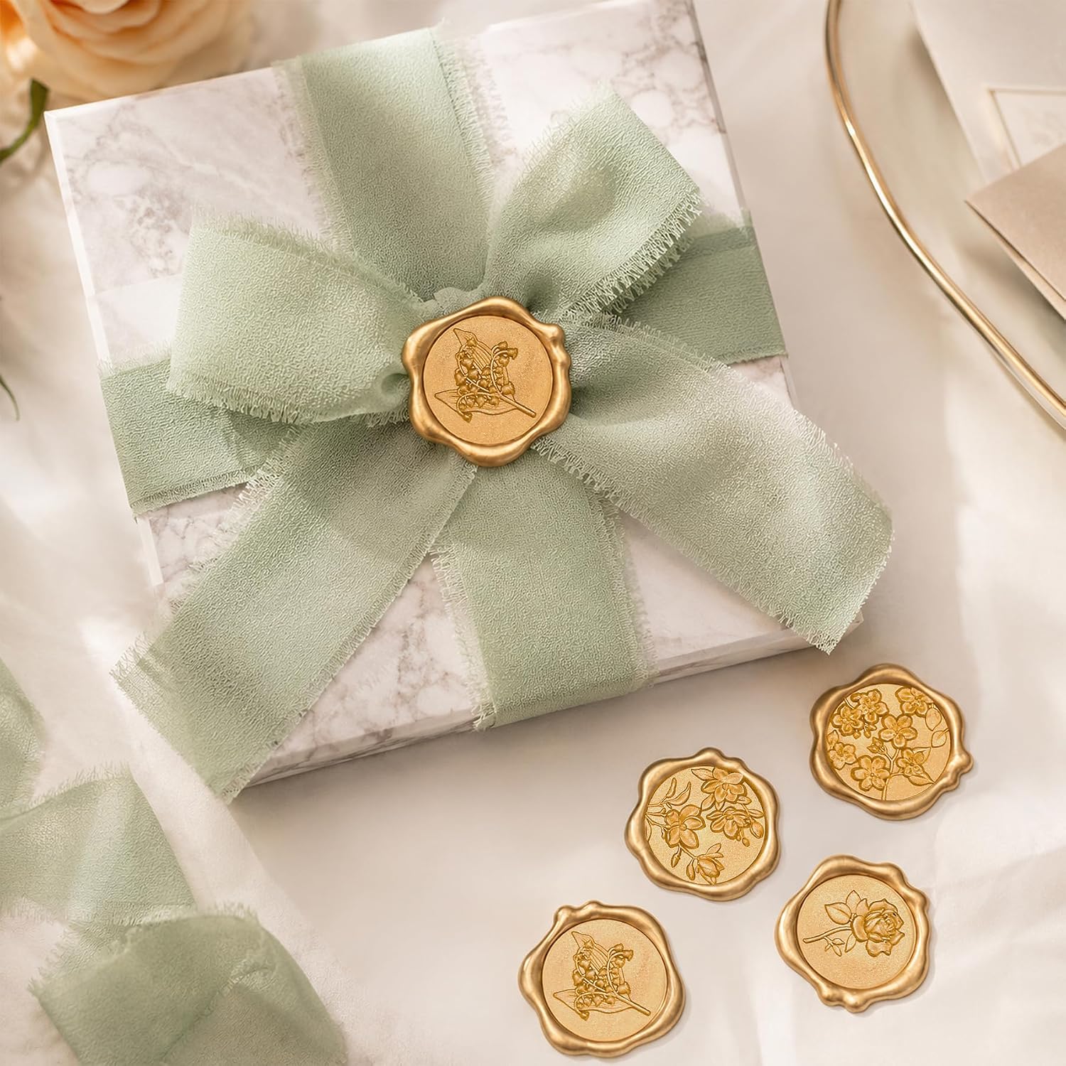 80Pcs Wax Seal Wedding Stickers, Light Gold, 1.2Inch, 4 Styles