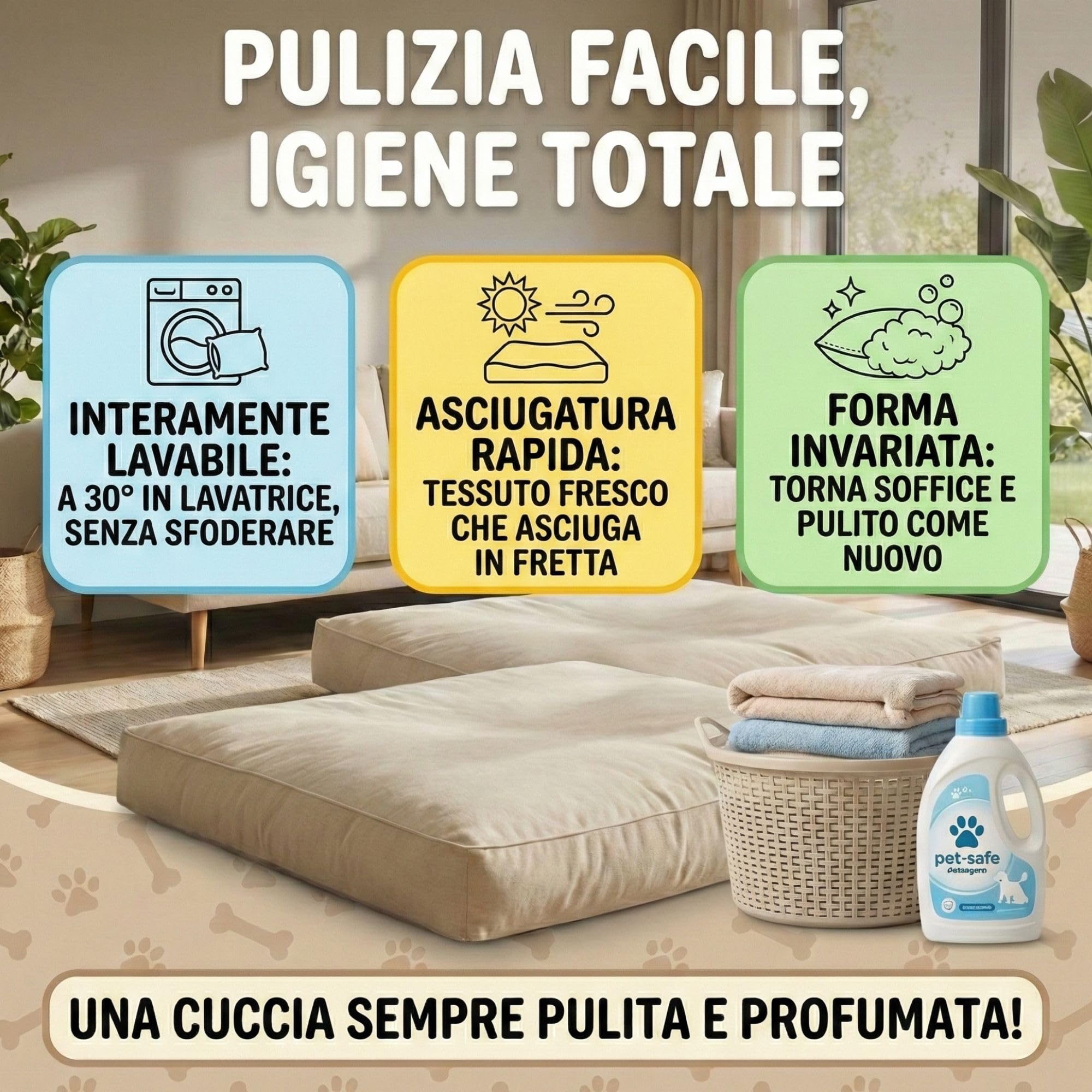 Cuscino per Cani Taglia Grande Policotone Fresco Resistente Lavabile 110x75cm h19cm Cuccia Imbottita Fiocco di Poliestere Made in Italy Grigio Chiaro