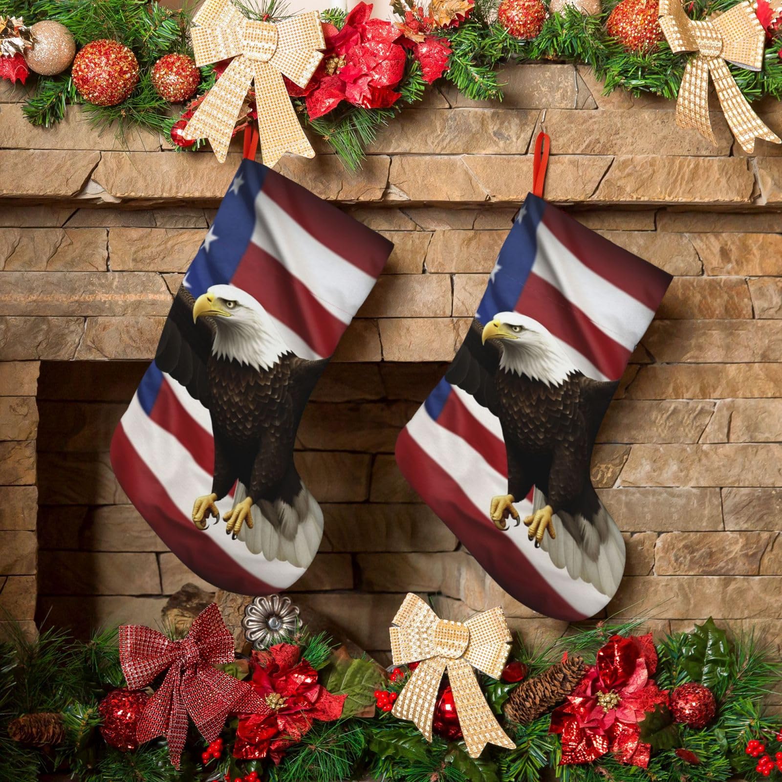 KLOPH Christmas Stockings 18" Personalized Xmas Stocking American Flag Fly Eagle Decoration Stocking Hanging Fireplace Stocking for Holiday Xmas Tree Christmas Fireplace Decor