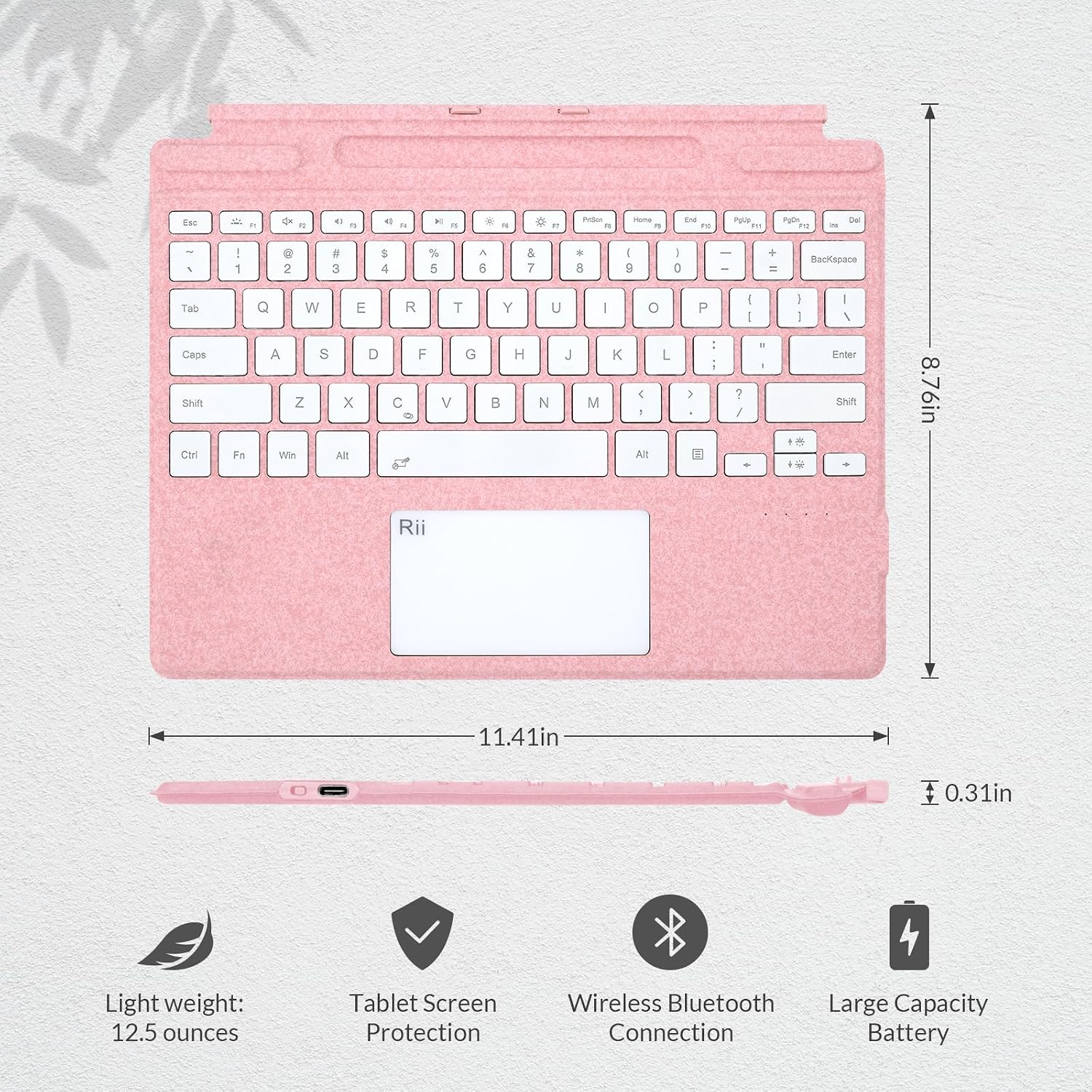 Rii Surface Pro Type Cover,Ultra-Slim Portable Bluetooth Wireless Keyboard with Touchpad,7 Color Backlit,Compatible with Surface Pro-8/9/X Only (Pink)